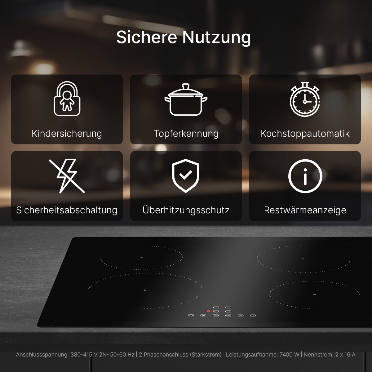 Ein schwarzes Induktionskochfeld mit mehreren Symbolen und einer schwarzen Glasoberfläche.