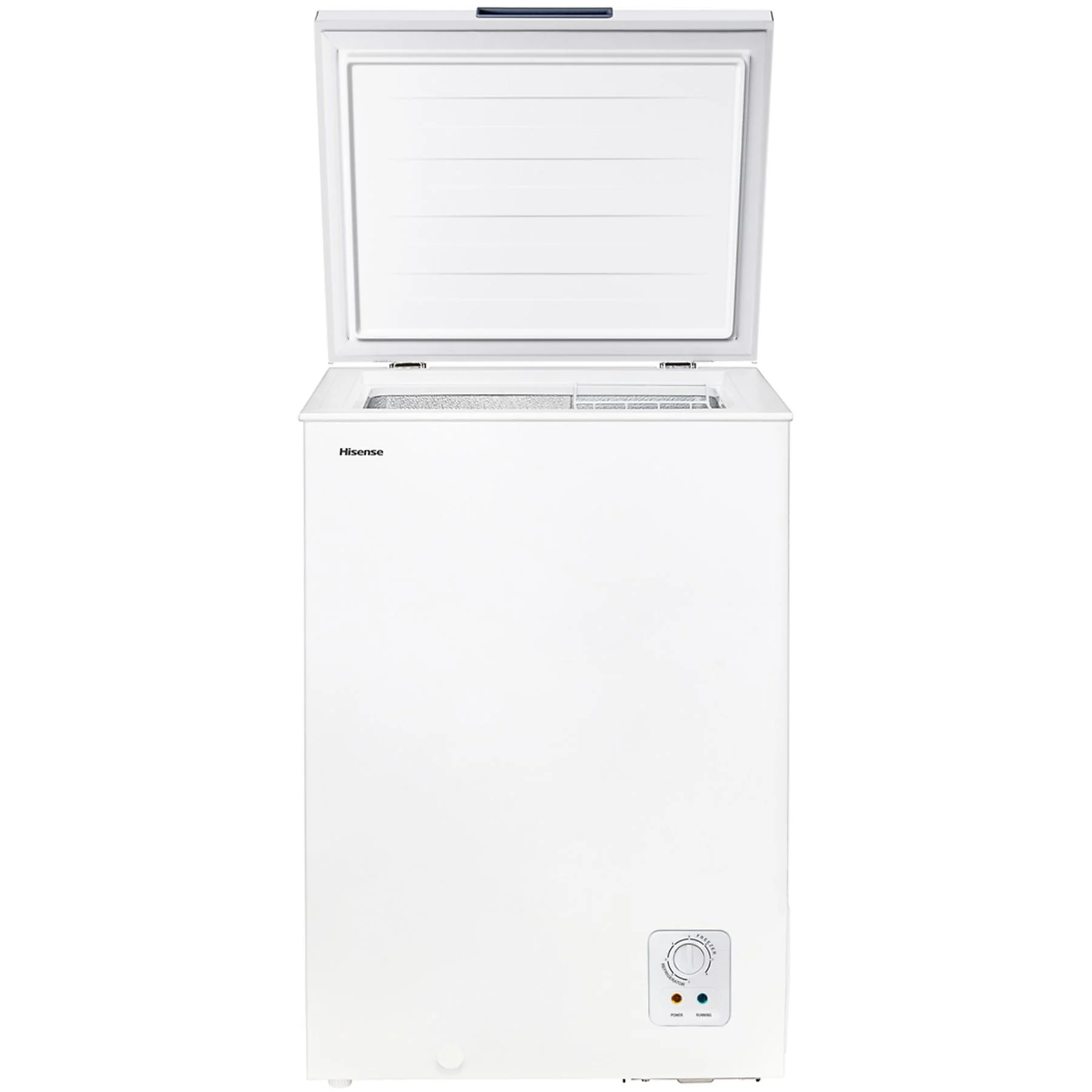 Biała zamrażarka skrzyniowa z otwartą pokrywą. Białe tło.