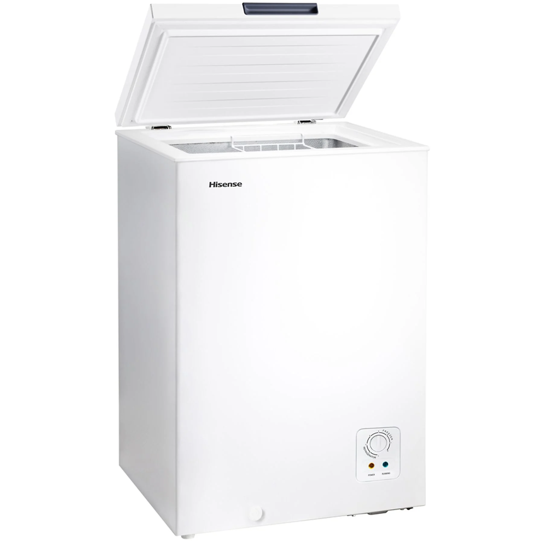 Biała zamrażarka skrzyniowa, otwarta pokrywa. Widoczne pokrętło sterowania. Białe tło.