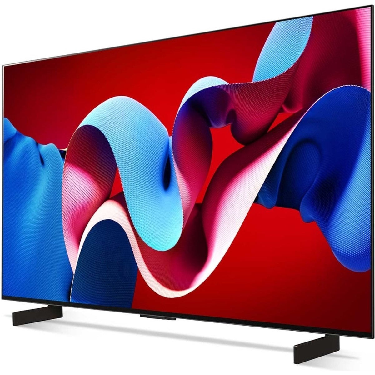 Televisor grande con diseño abstracto rojo y azul en pantalla, base y marco negros.