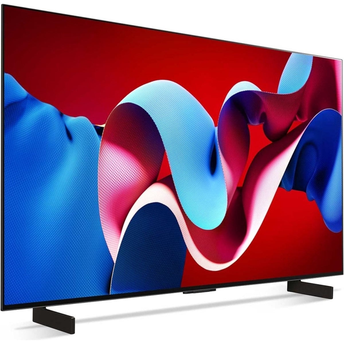 Televisor moderno con diseño abstracto rojo y azul en la pantalla. Marco y soporte negros.