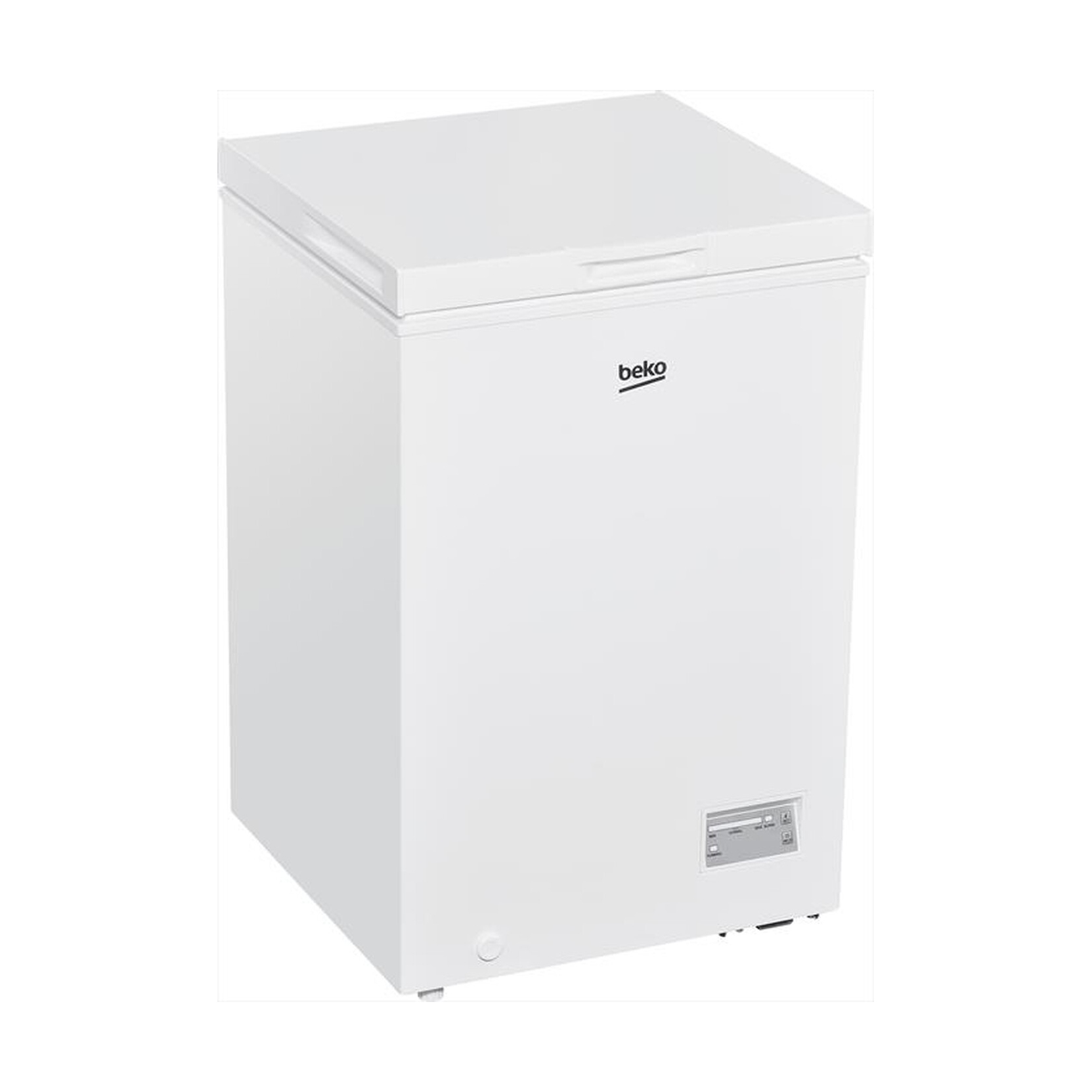 Weißer Truhen-Gefrierschrank mit Klappdeckel, auf weißem Hintergrund, Beko-Logo sichtbar.
