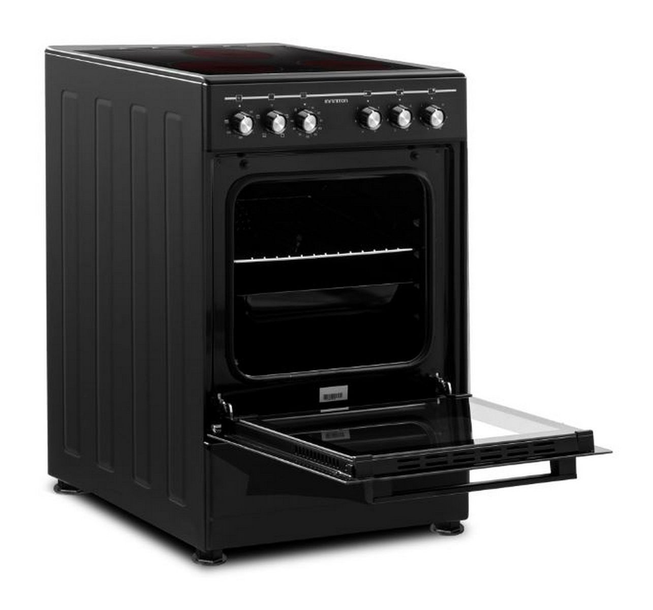 Horno negro con la puerta abierta, mostrando el interior y las perillas de control arriba.