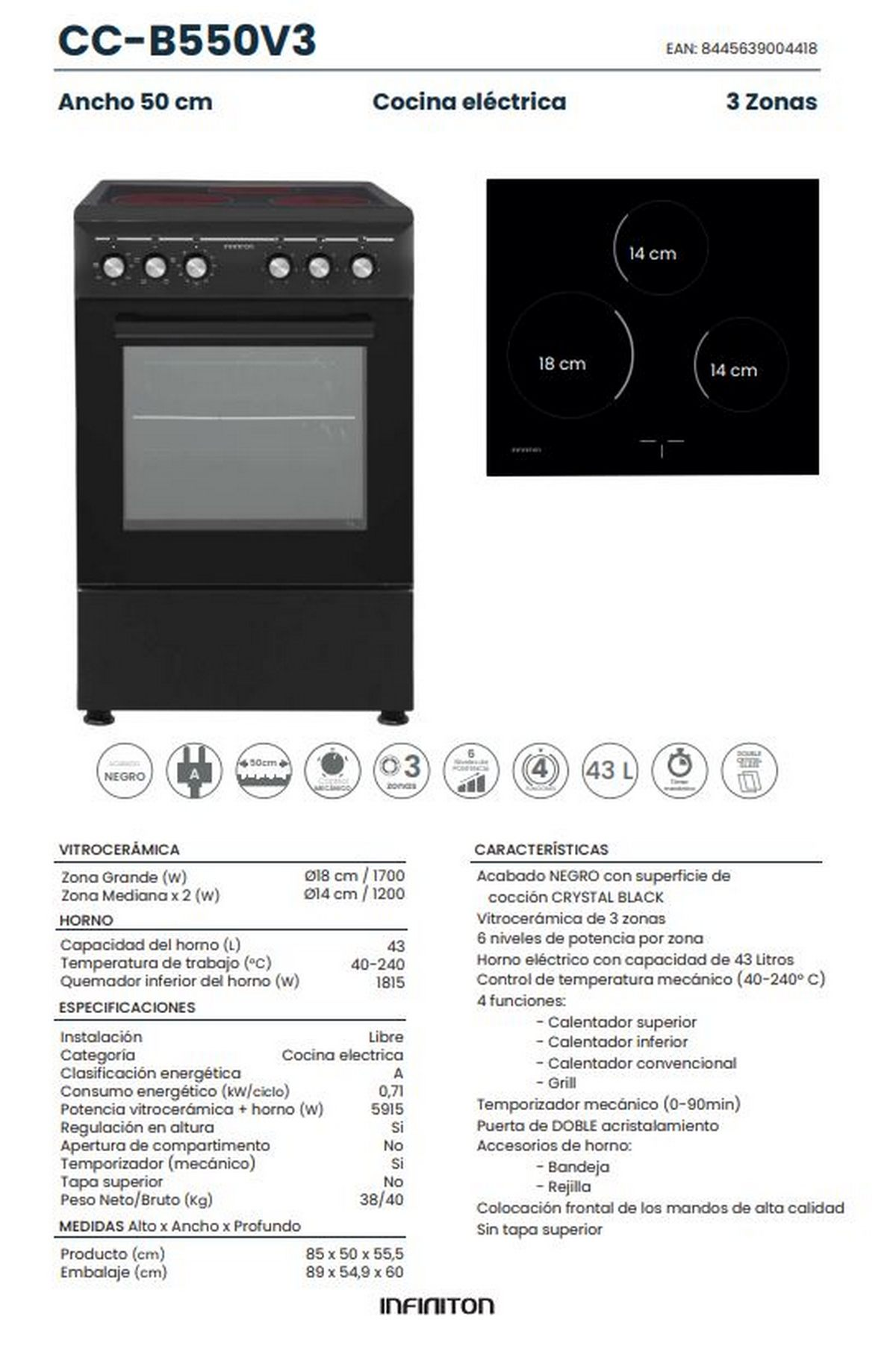 Cocina eléctrica negra con 3 zonas, puerta de cristal y panel de control superior.