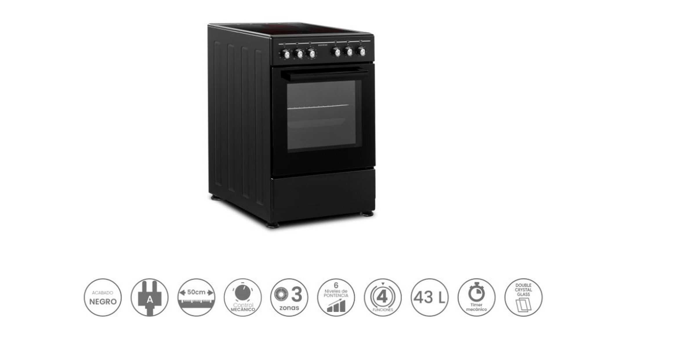 Una cocina eléctrica negra con panel frontal negro, puerta de vidrio y perillas de control.