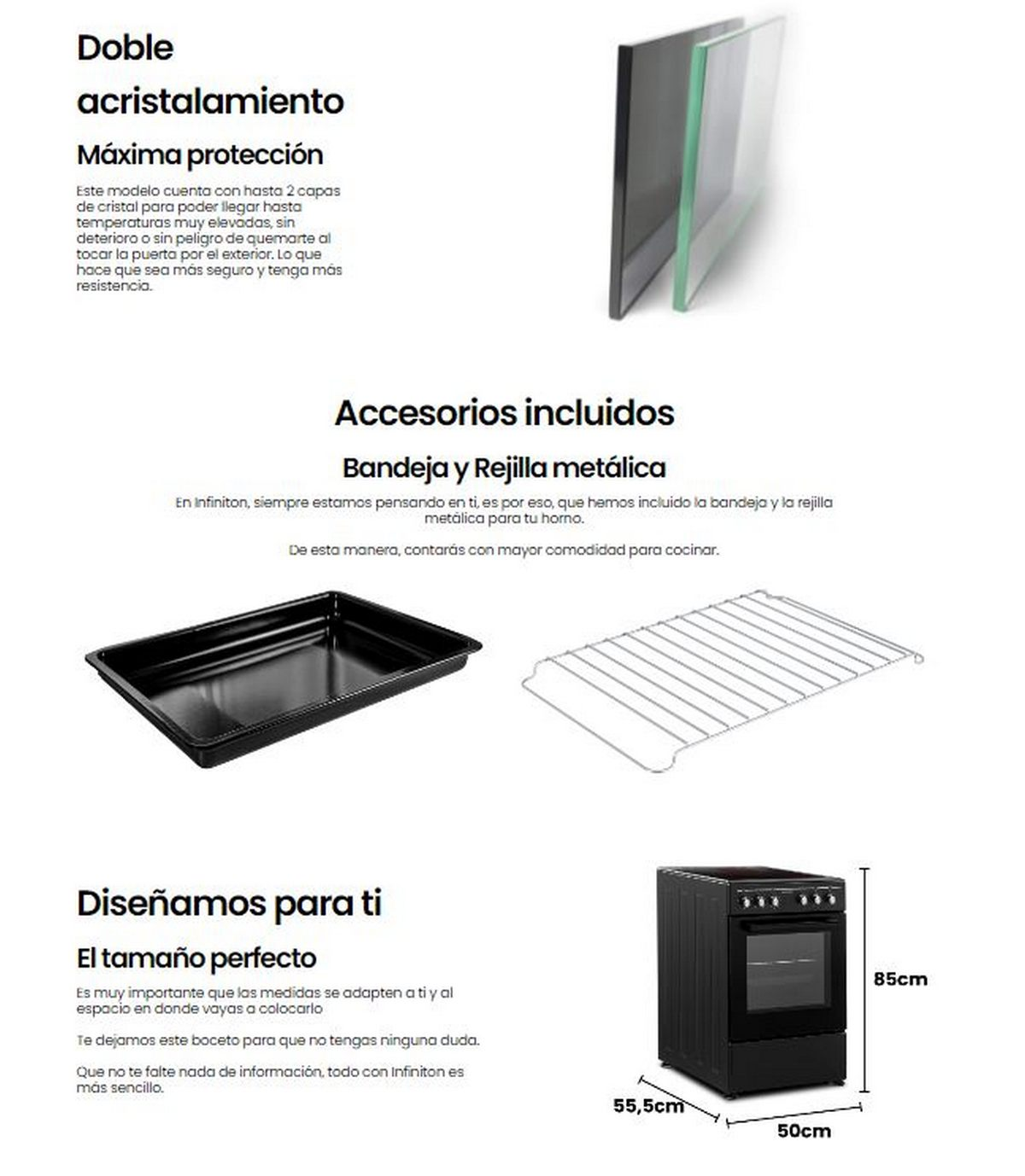 Un horno con bandeja negra y rejilla metálica, con texto sobre sus características.