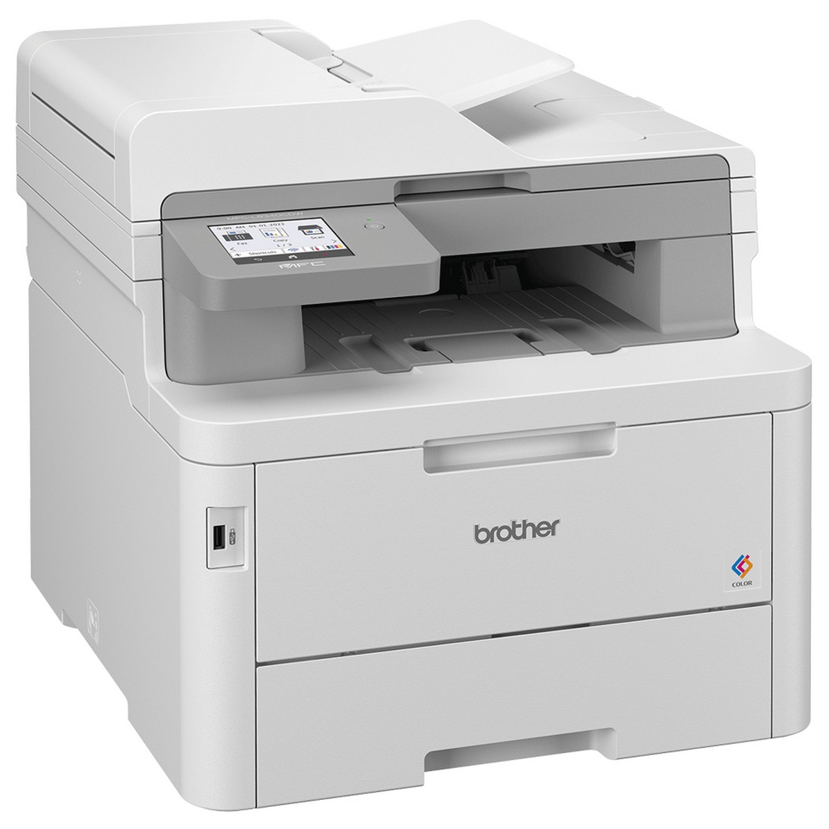 Een witte Brother multifunctionele printer met een grijze bovenkant. Hij staat op een witte achtergrond.