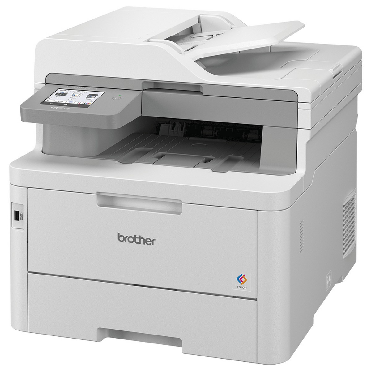Een witte en grijze printer. Hij heeft een papierlade en een open scannerklep.