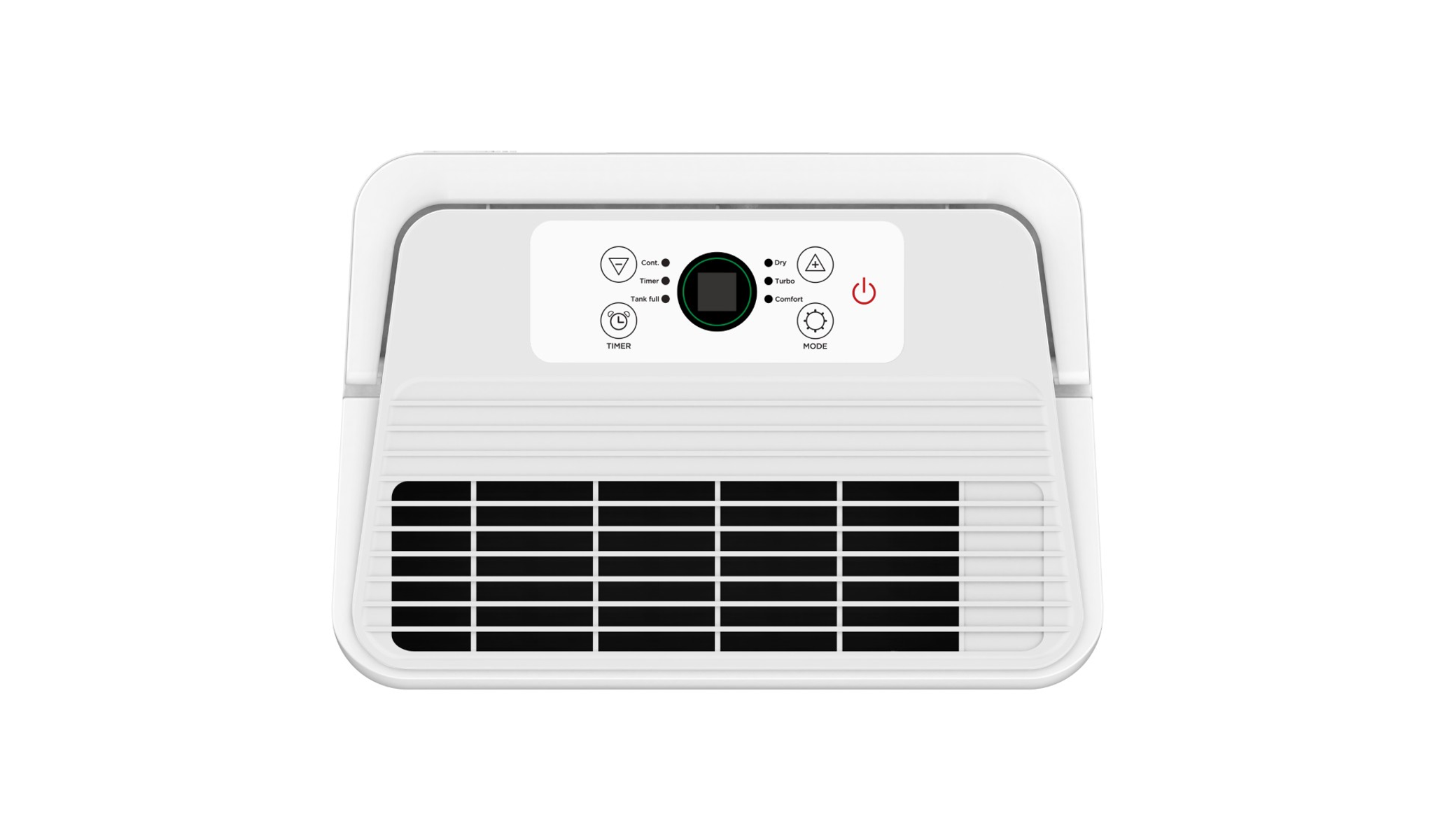 Purificador de aire blanco con panel de control. Panel con botones y pantalla.