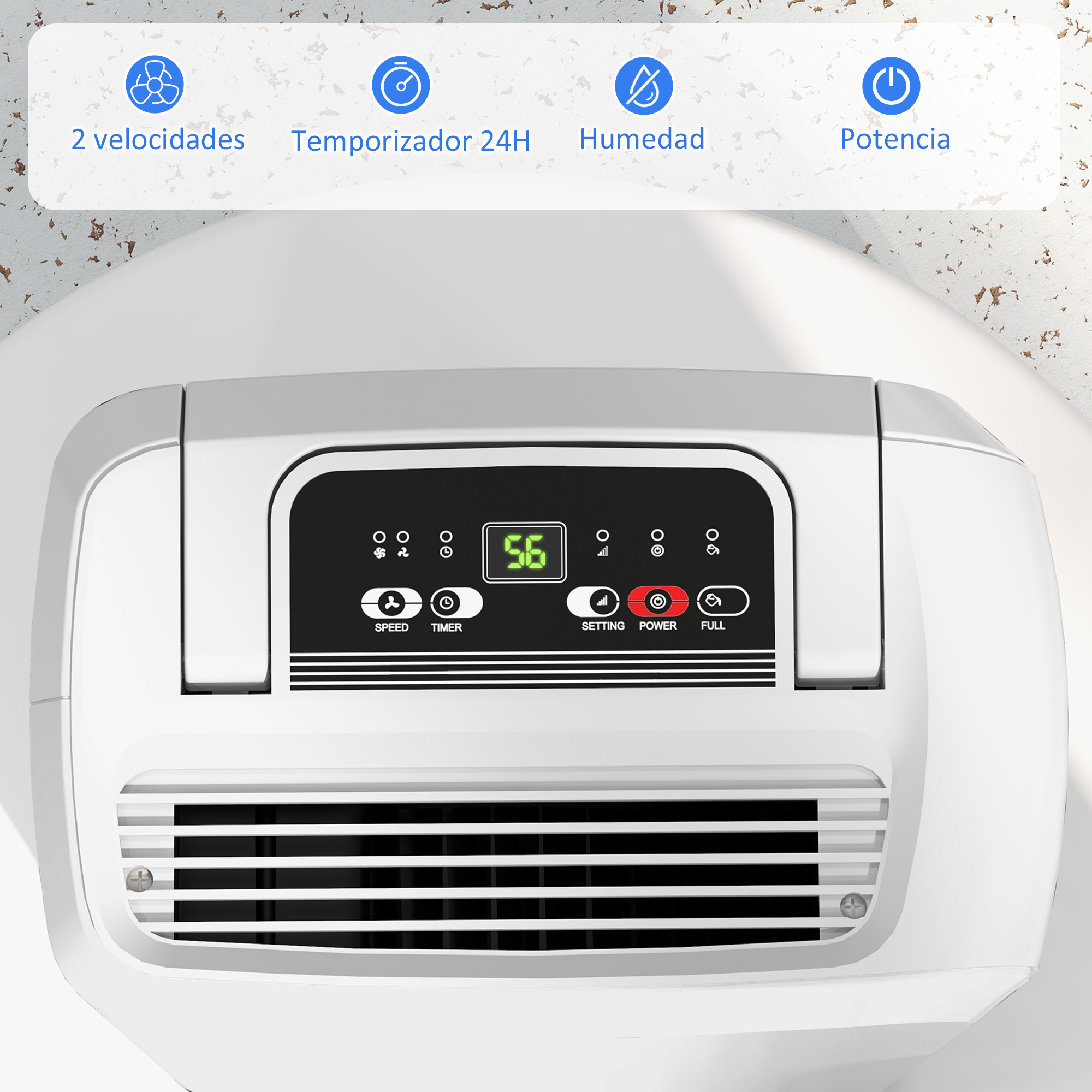 Deshumidificador blanco con panel de control e iconos. Arriba 2 velocidades, temporizador, humedad y opciones de energía.