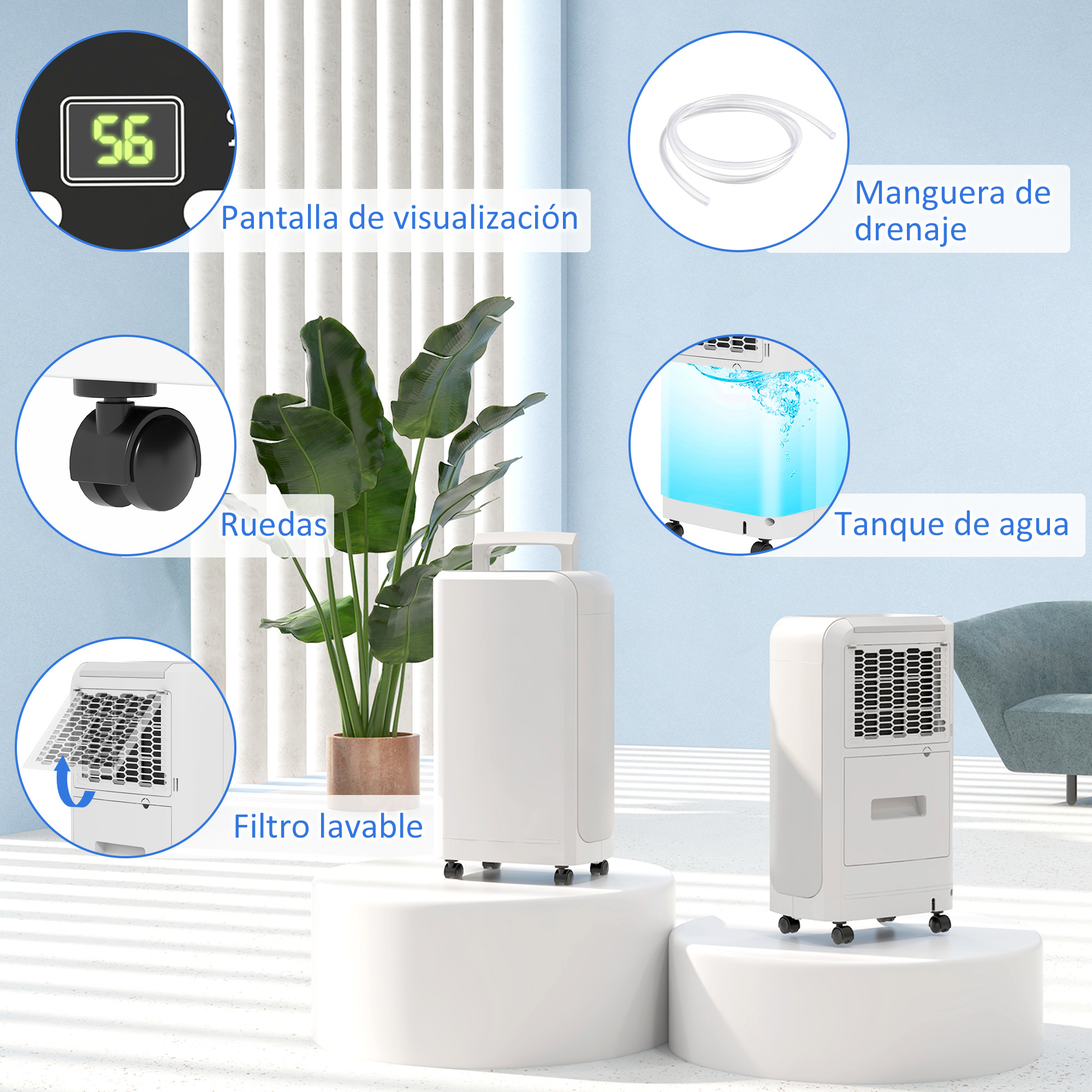 Purificador de aire blanco con etiquetas. Incluye pantalla, ruedas, asa y depósito de agua con manguera.