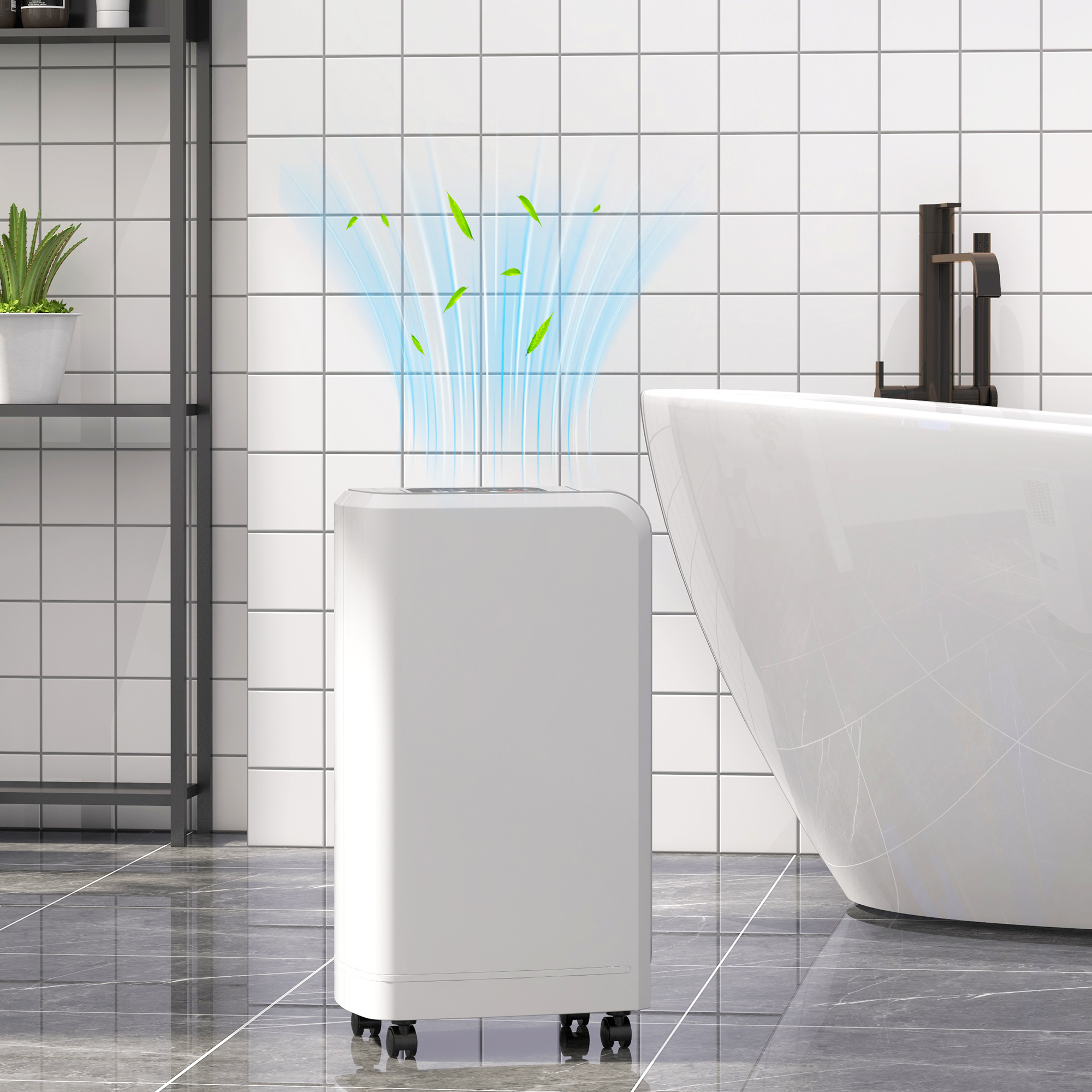 Purificador de aire blanco con ilustraciones de hojas verdes, en un baño con bañera.