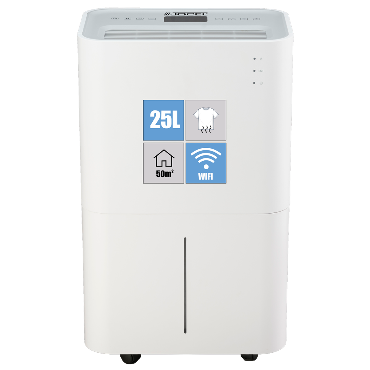 Deshumidificador blanco con panel de control e iconos de 25L, ropa, hogar y Wi-Fi. Negro.