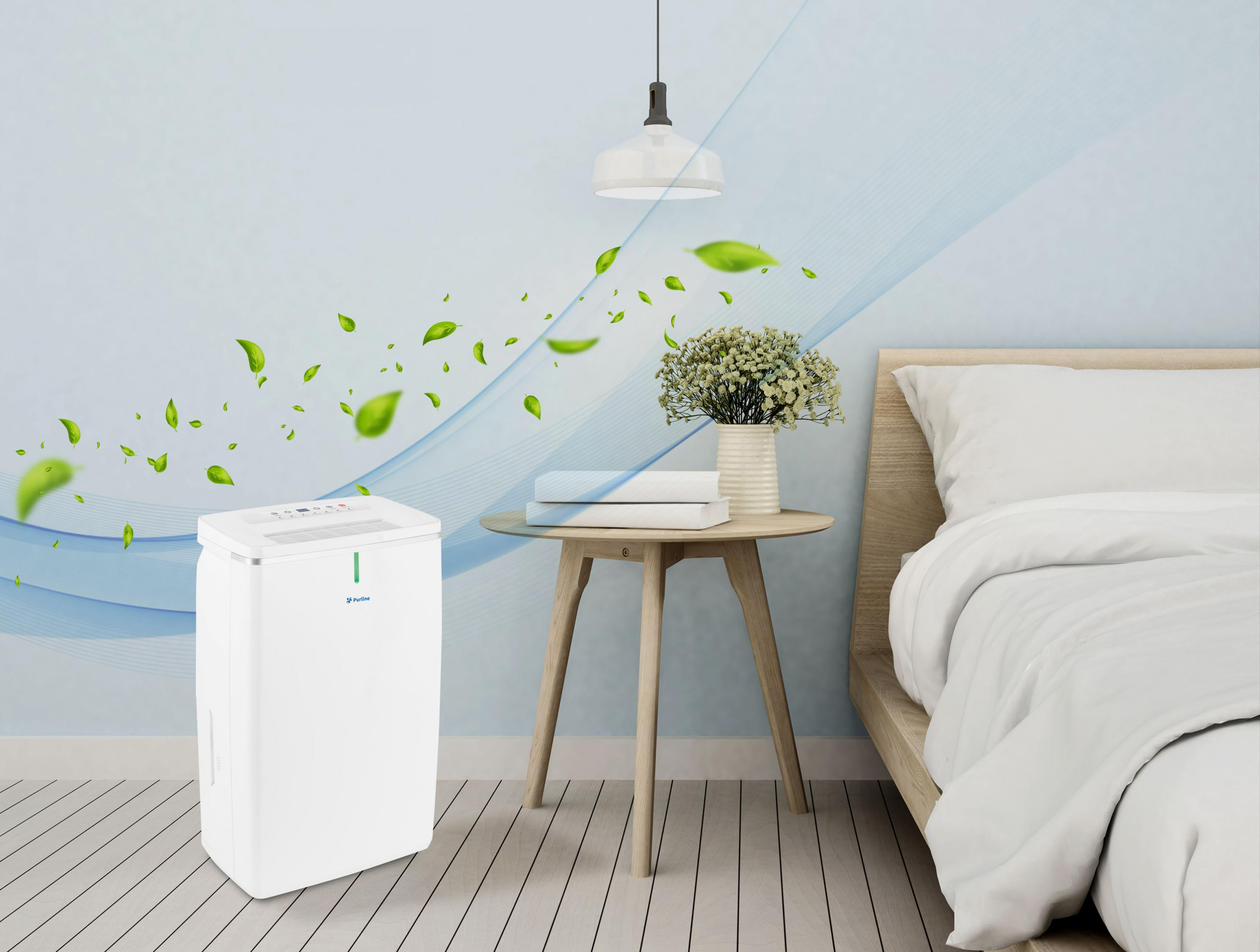 Purificatore d'aria bianco con foglie verdi su un tavolo e un letto sullo sfondo.