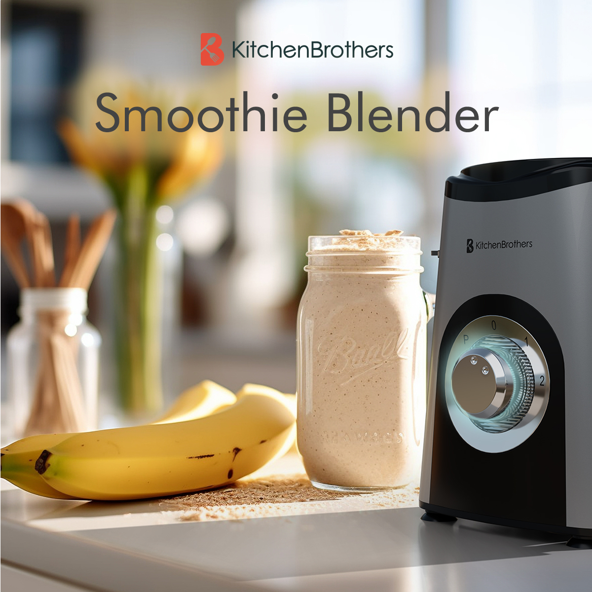 Blender with a jar of smoothie, bananas and text, on a light surface.