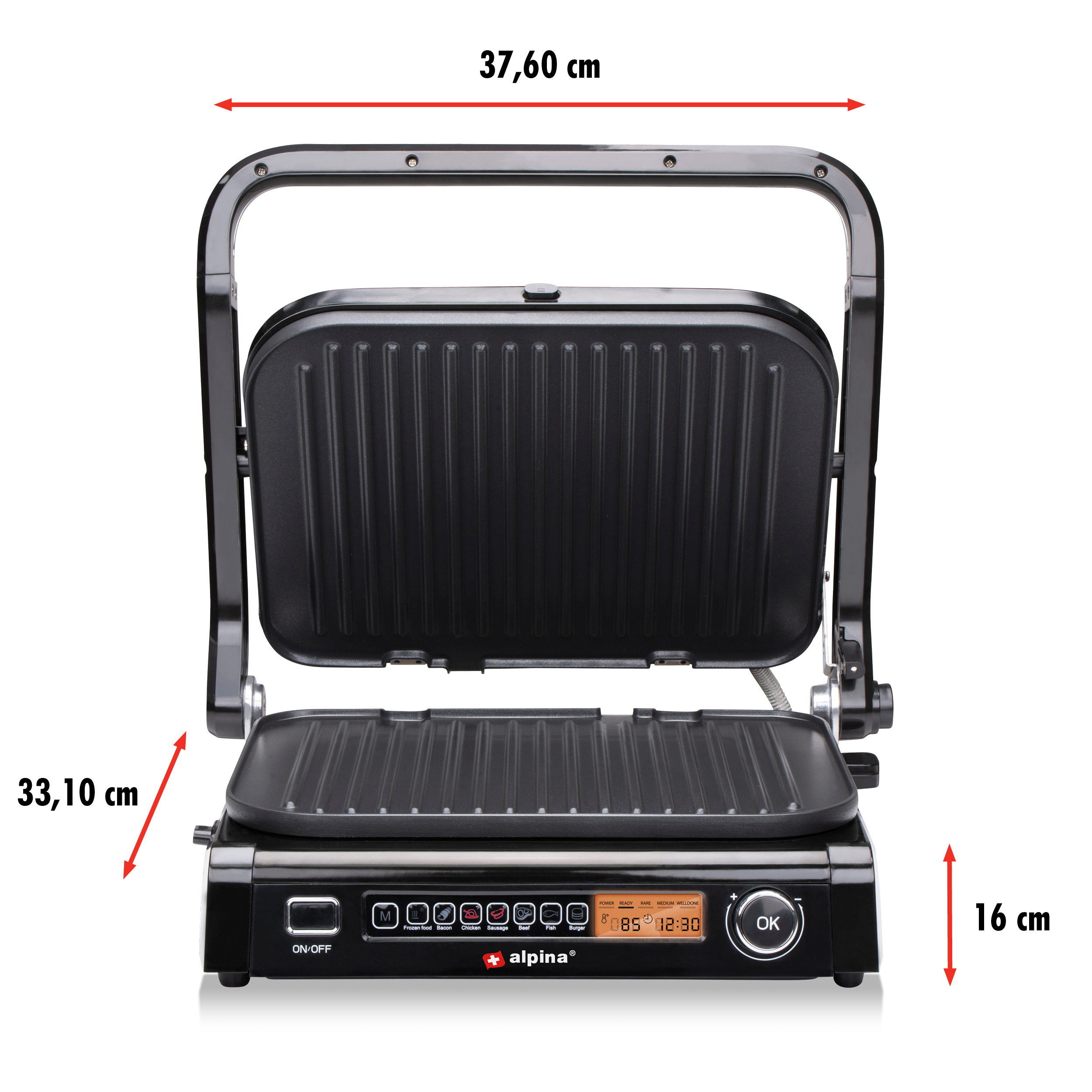 Black grill with dimensions labeled. The grill is black and has a control panel. 
