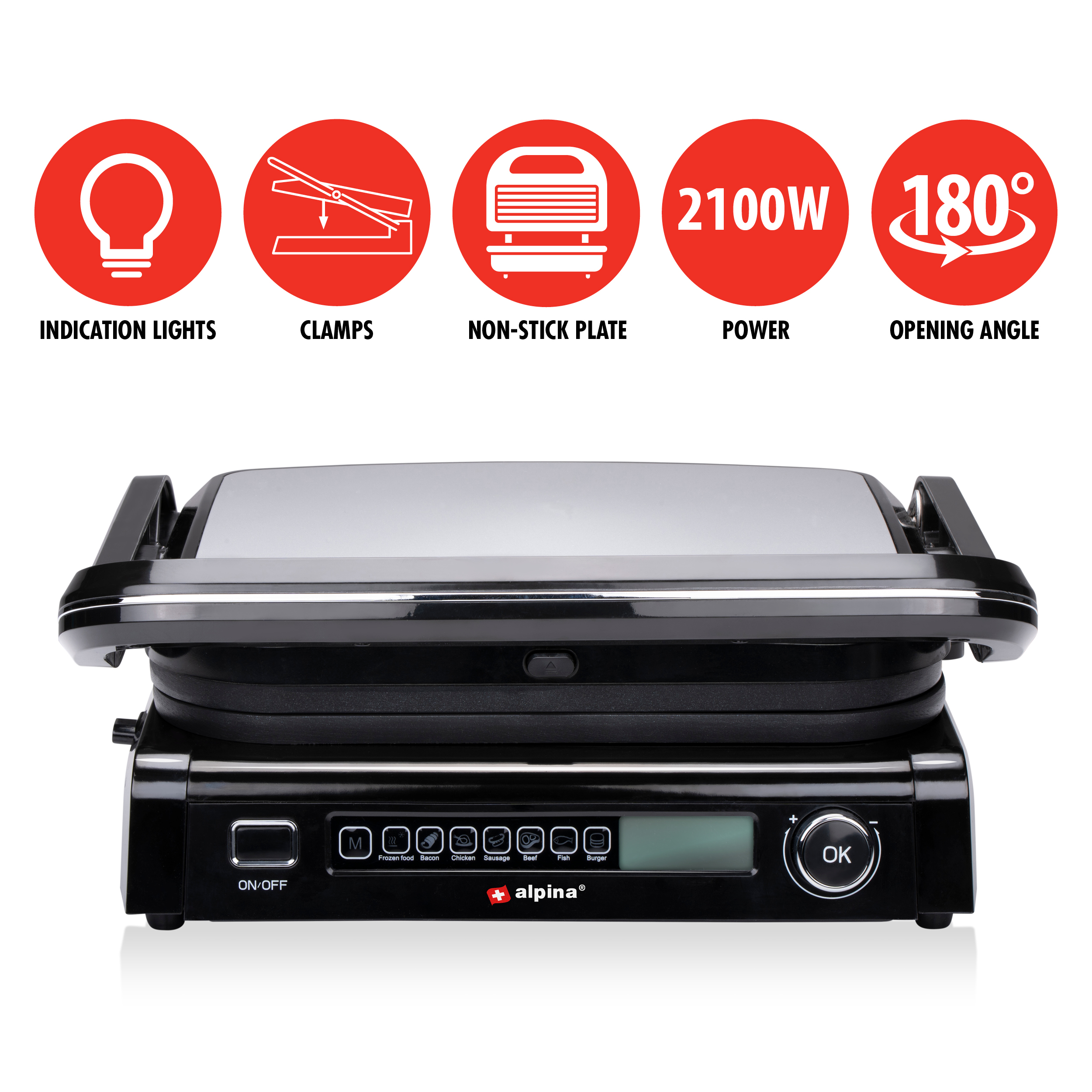 Black griddle with buttons, a display, and icons indicating features.
