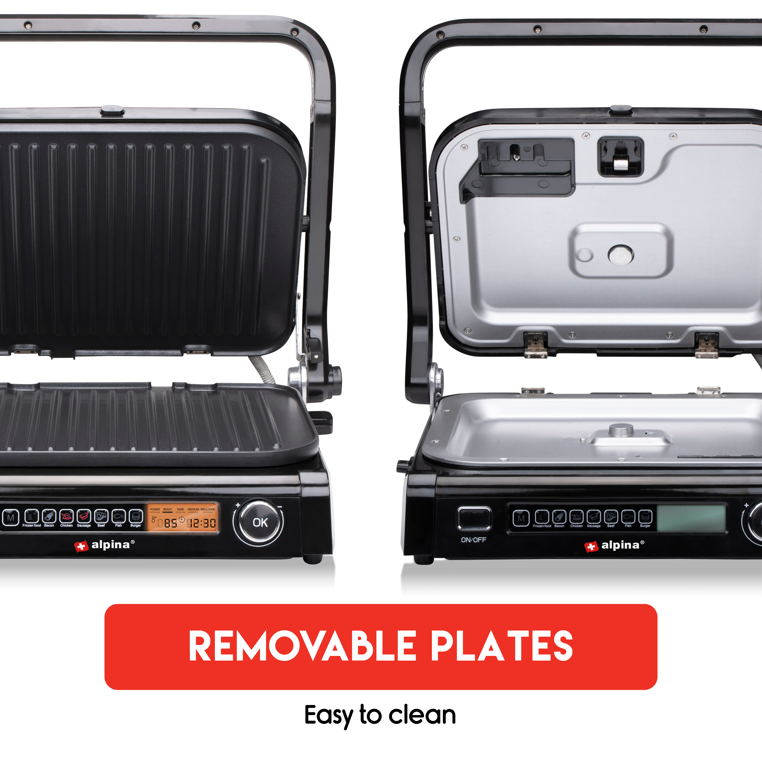 Two black panini makers with removable plates, with a red banner and white text.