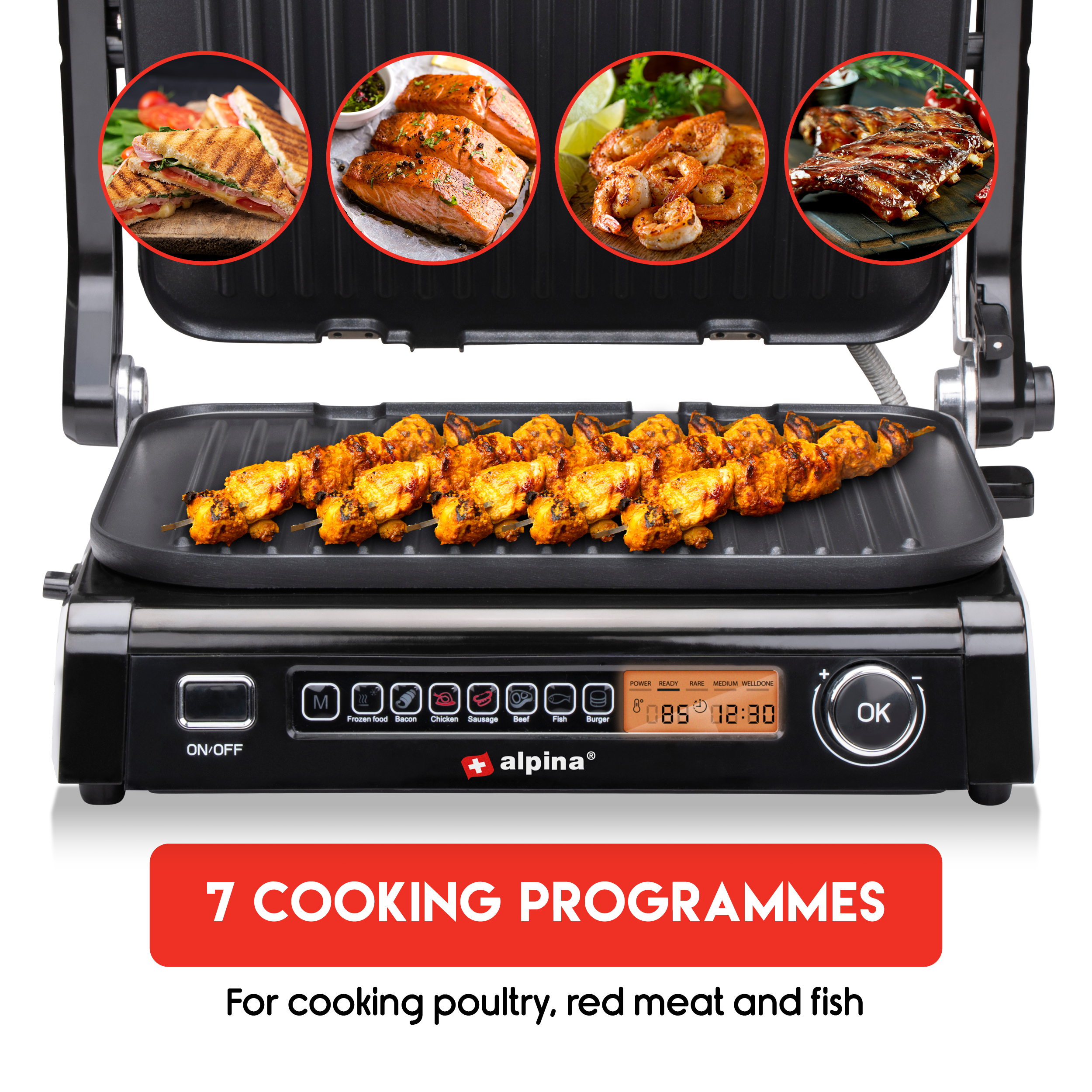 Black grill with cooked food on it and above. Displays for cooking settings.