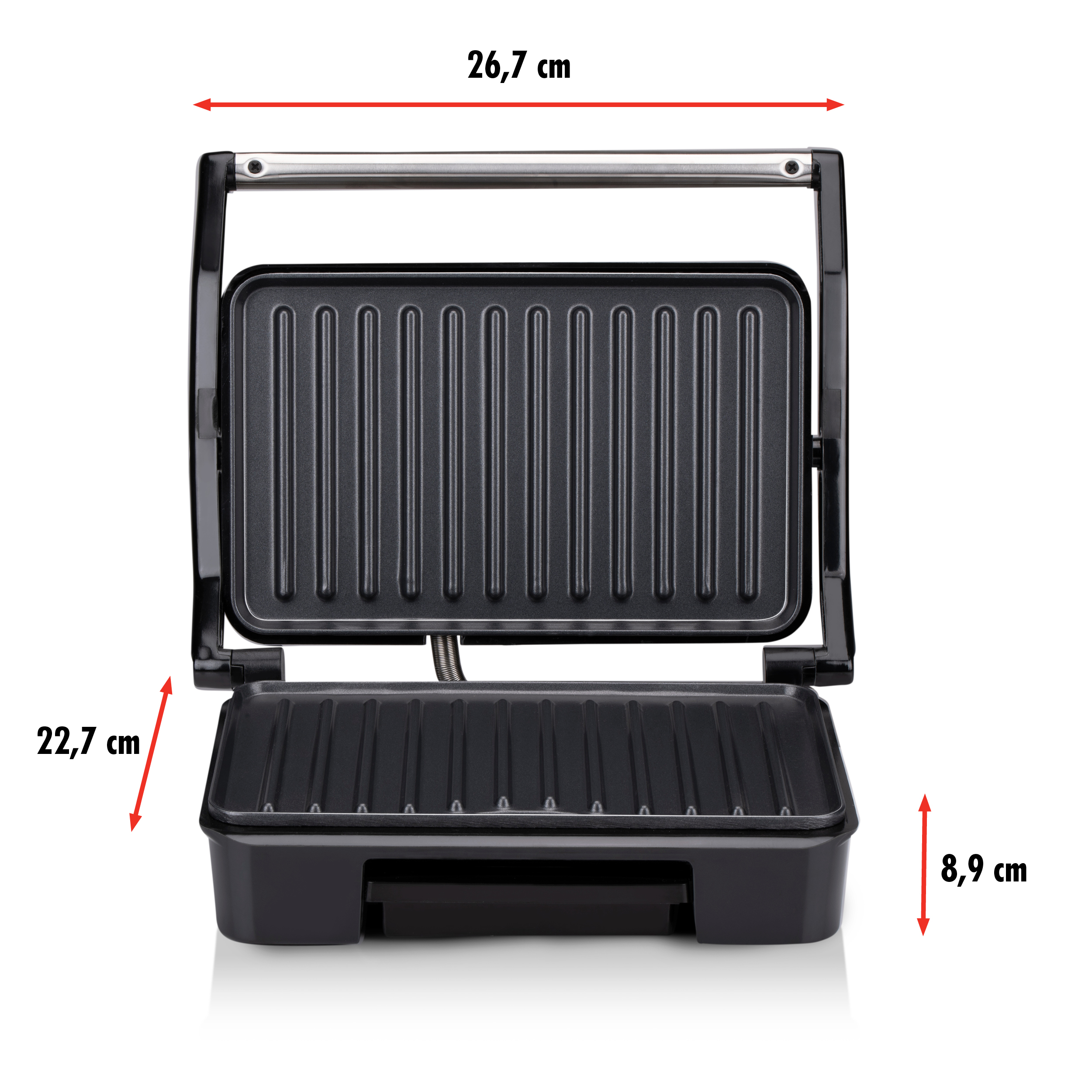 Black open grill with dimensions marked in red, isolated on white.