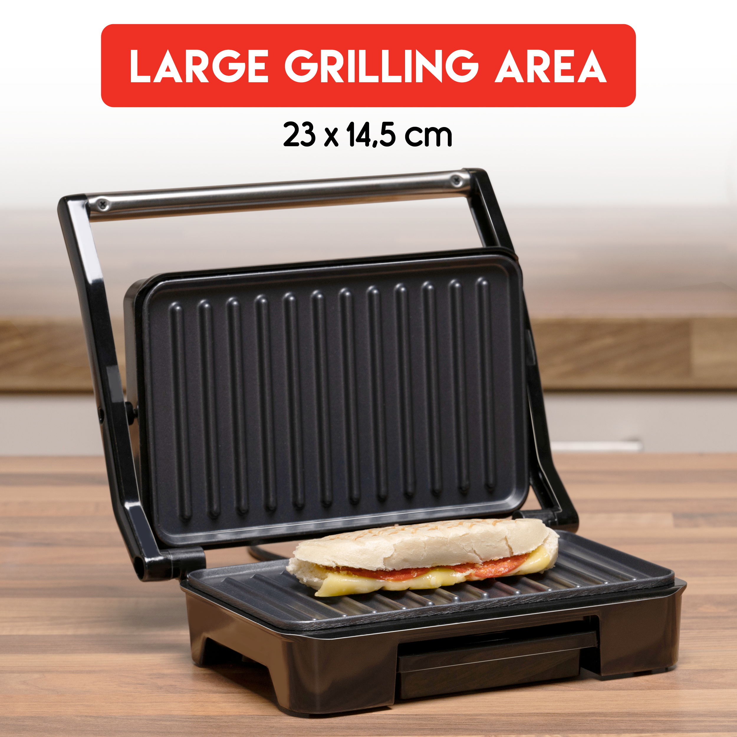A black panini press with bread and cheese inside on a wooden surface.