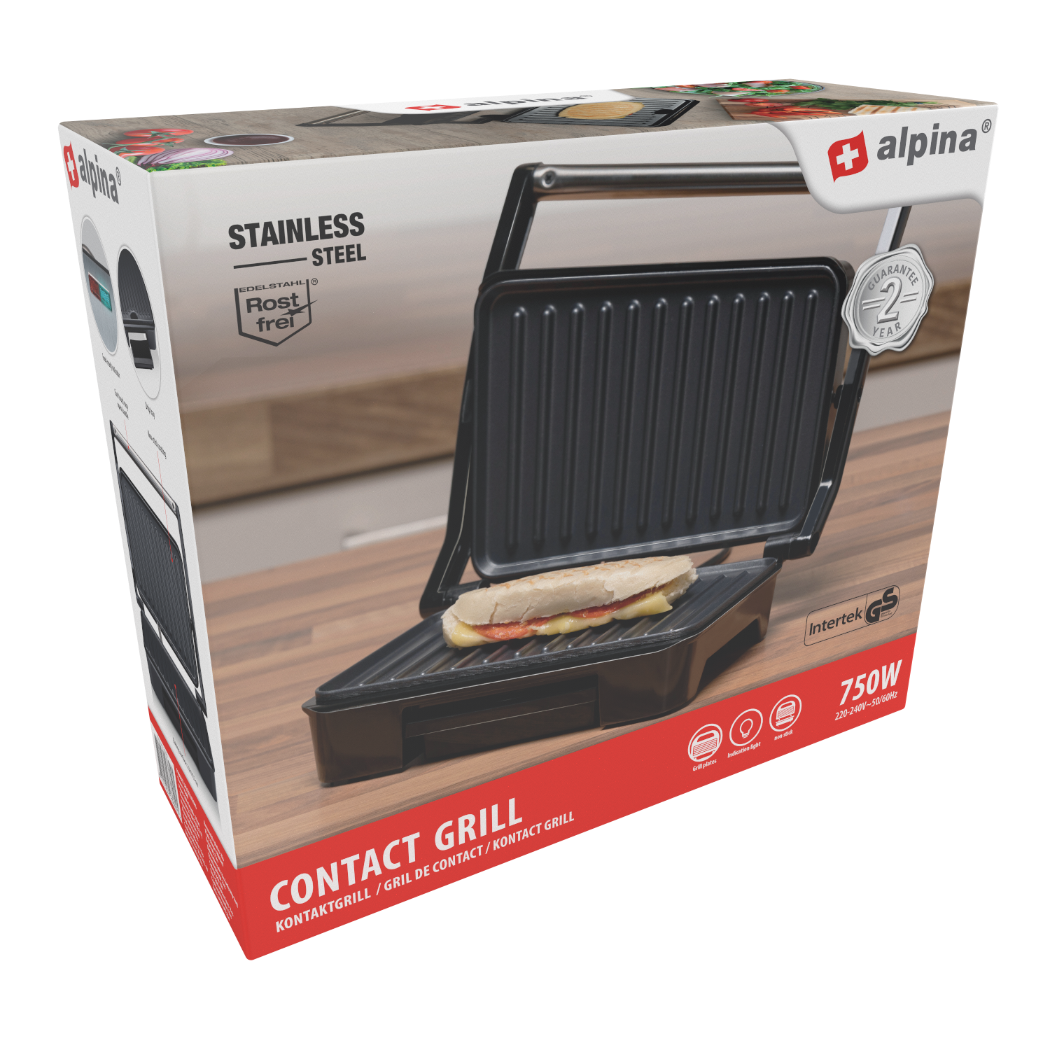 Contact grill with a sandwich inside, displayed in its box on a white background.