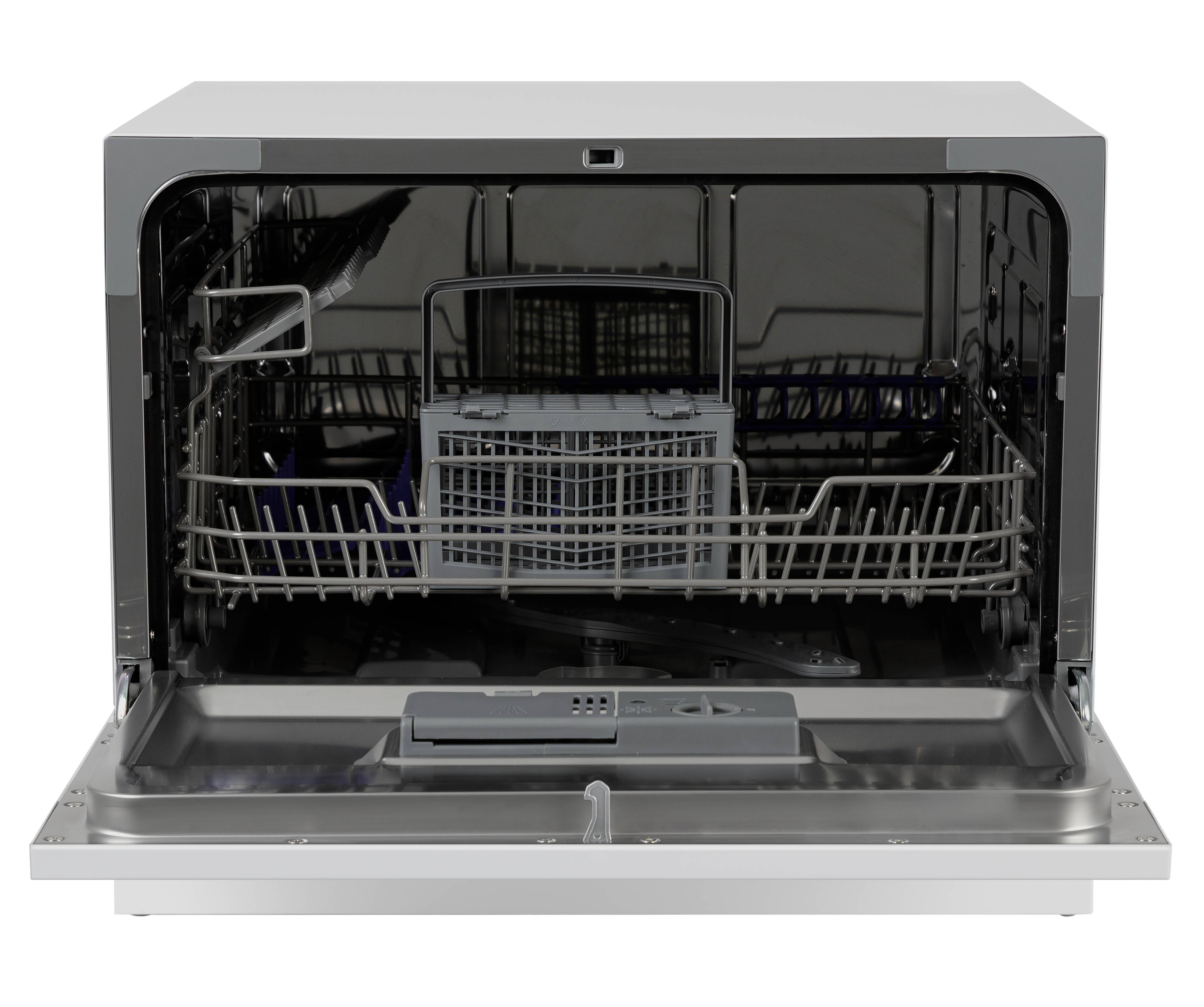 Opened dishwasher with racks and a cutlery basket inside. It is white.