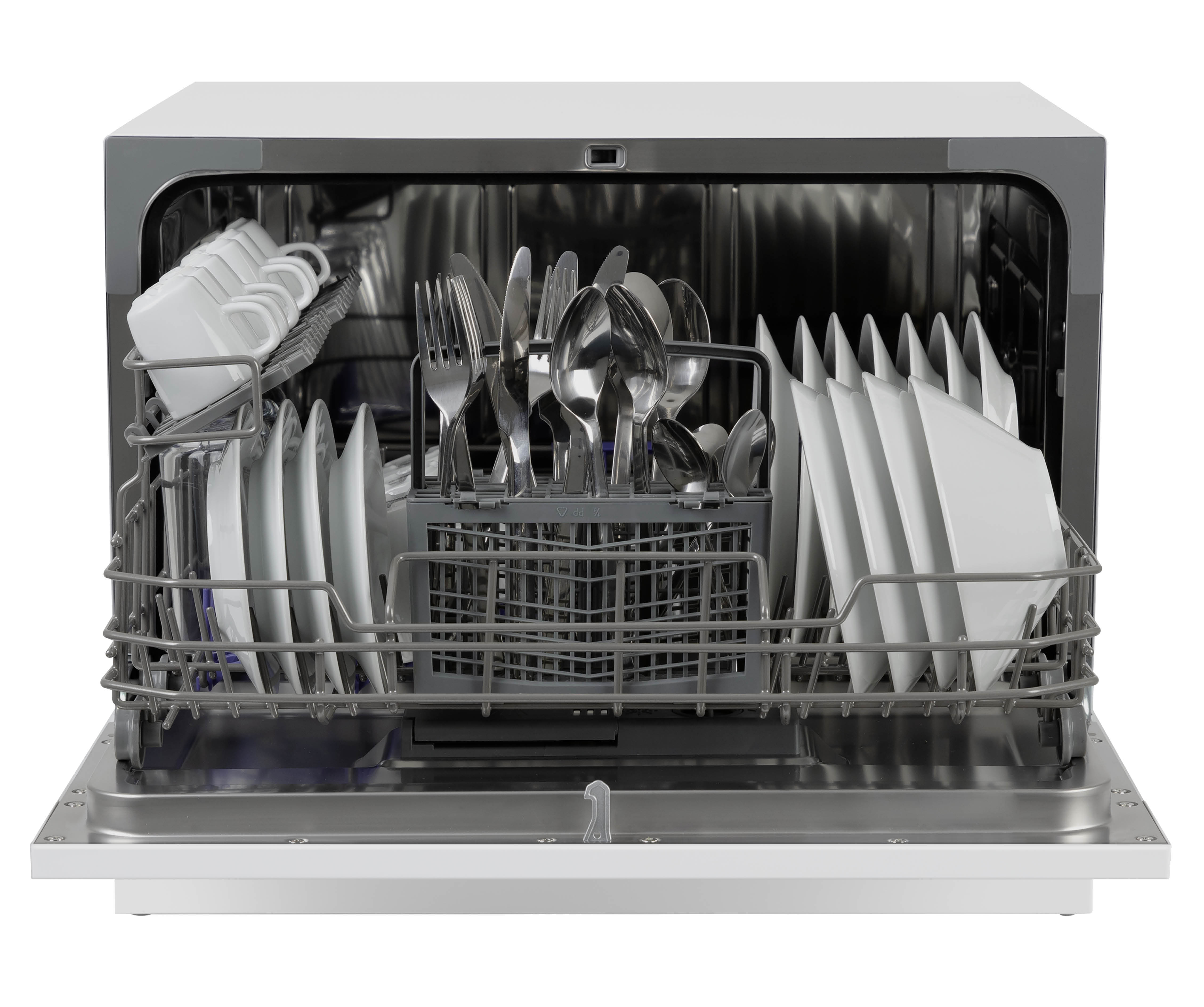 Dishwasher with clean dishes, silverware, and cups inside.