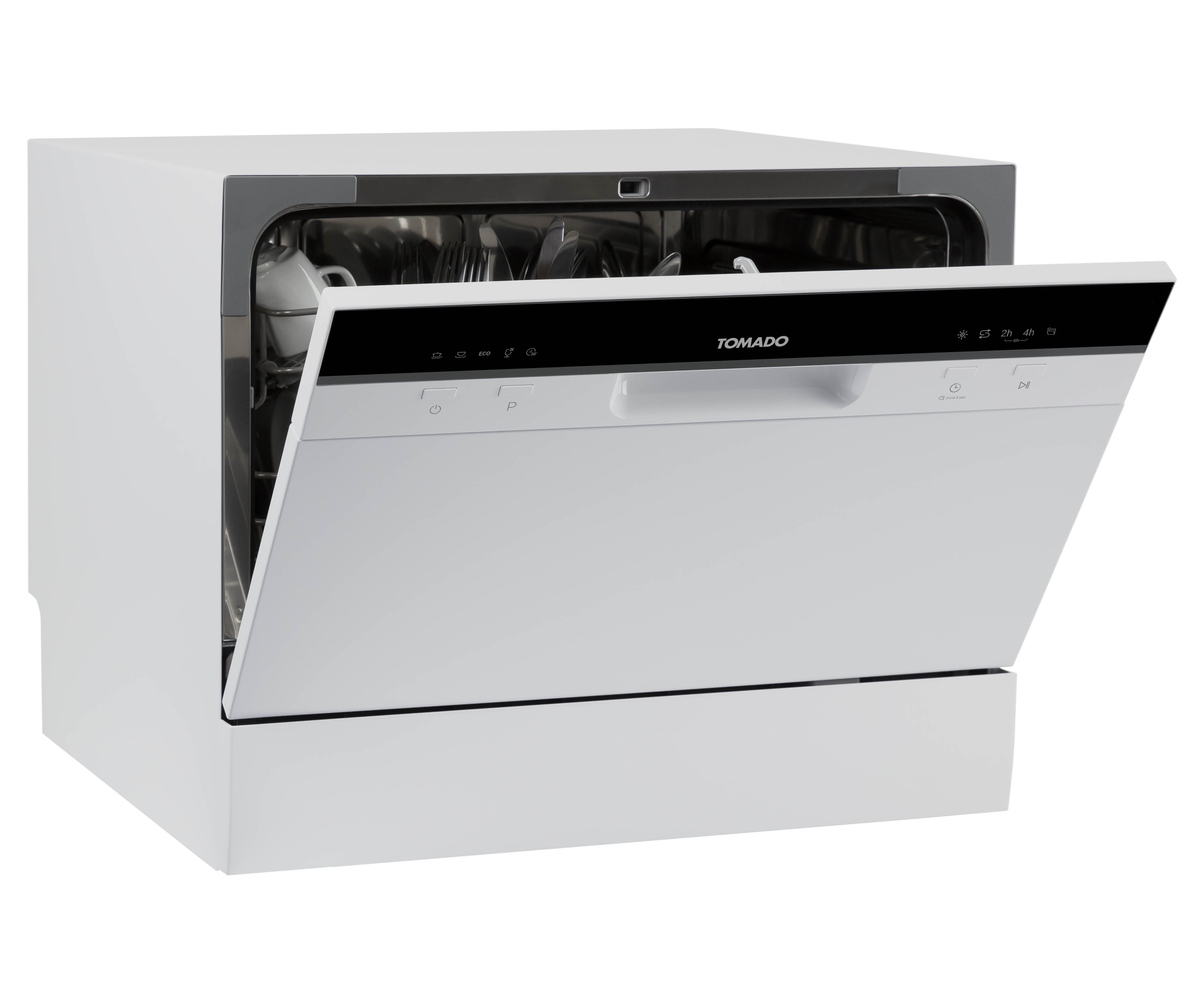 White Tomado dishwasher, door open, showing interior and controls, on white background.