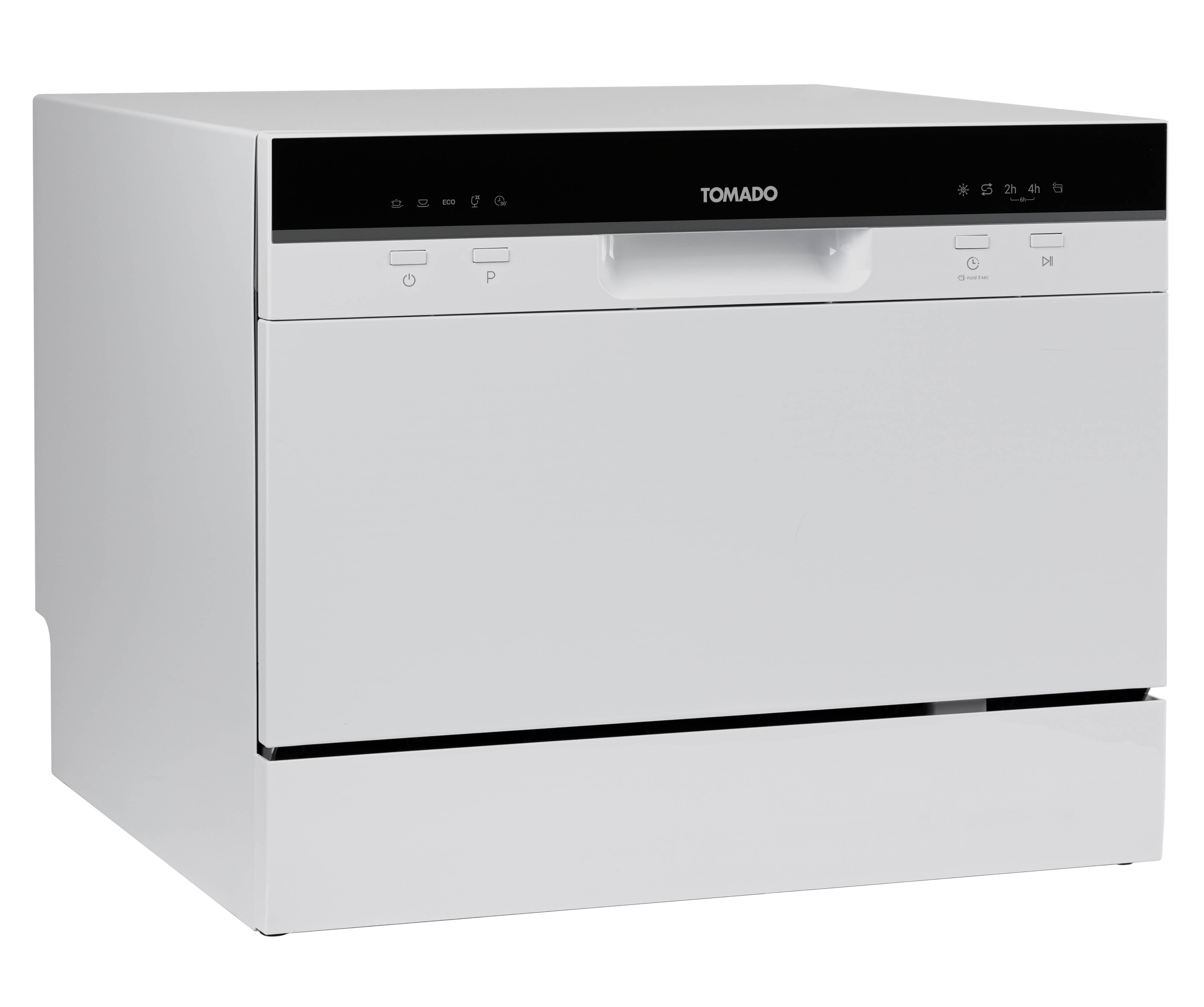 White dishwasher with a black control panel. Isolated on white background.