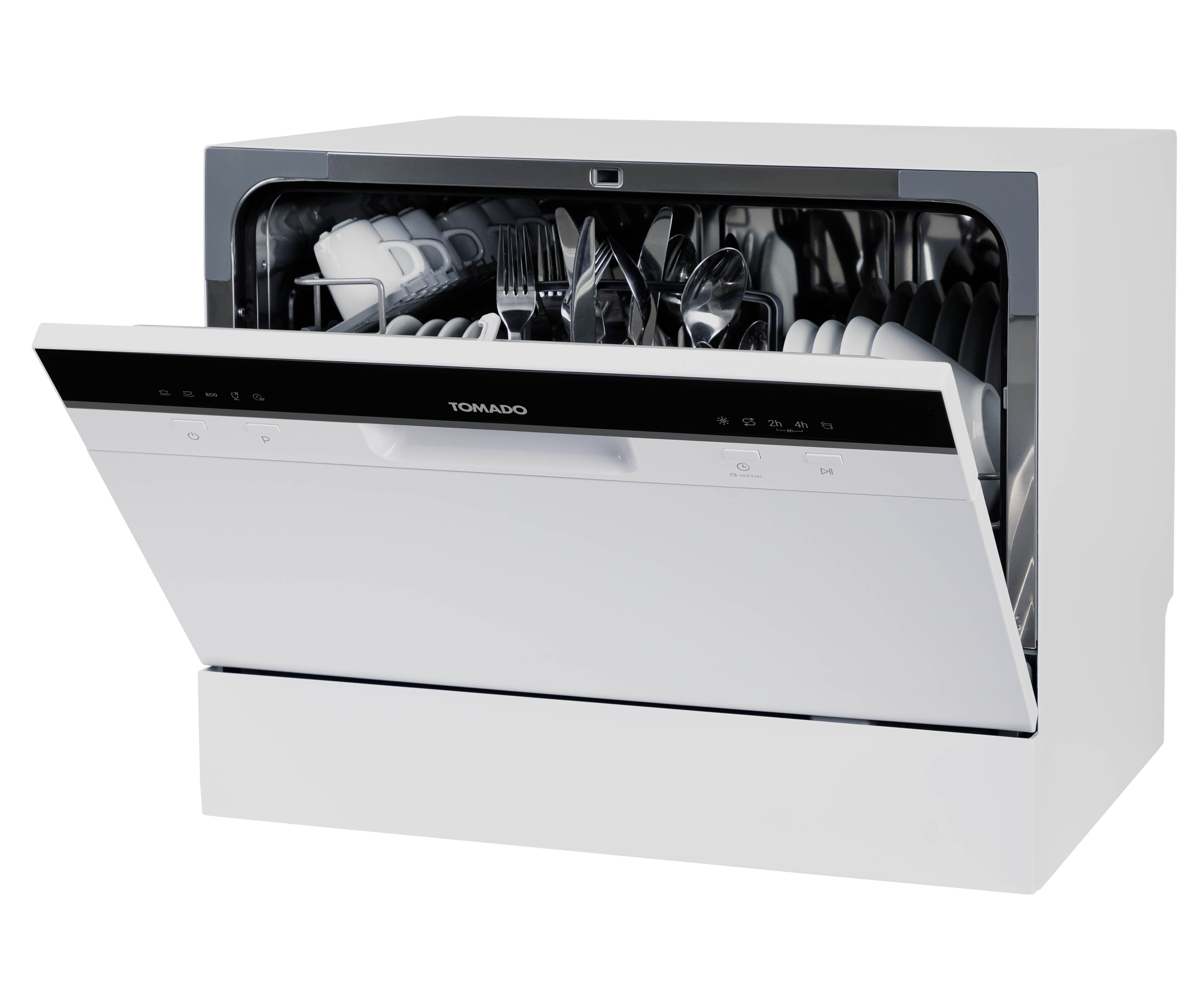 White dishwasher with open door, revealing dishes and cutlery inside. Black control panel with symbols.