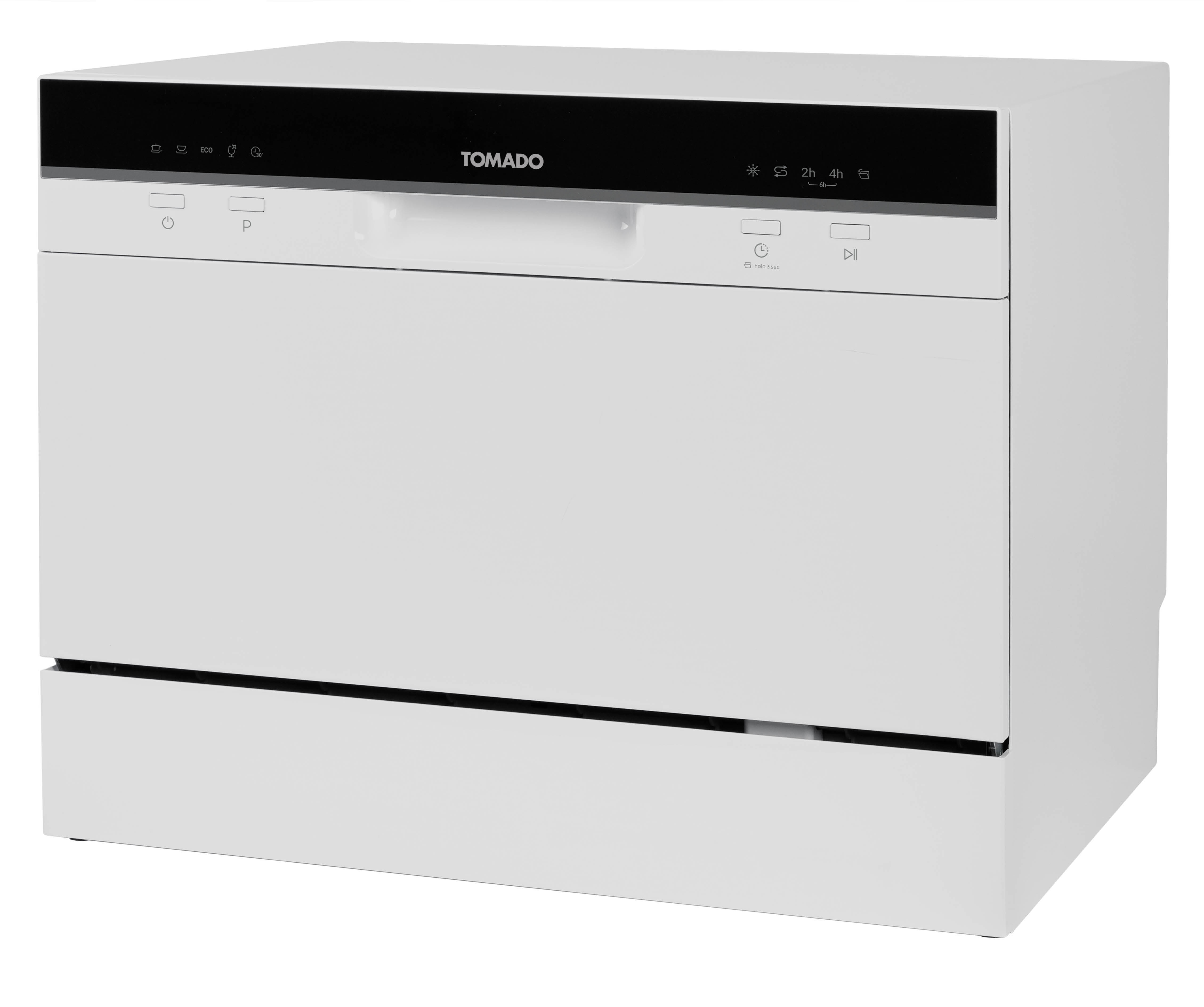 White Tomado dishwasher with control panel.  It has a black top and a pull-down door.
