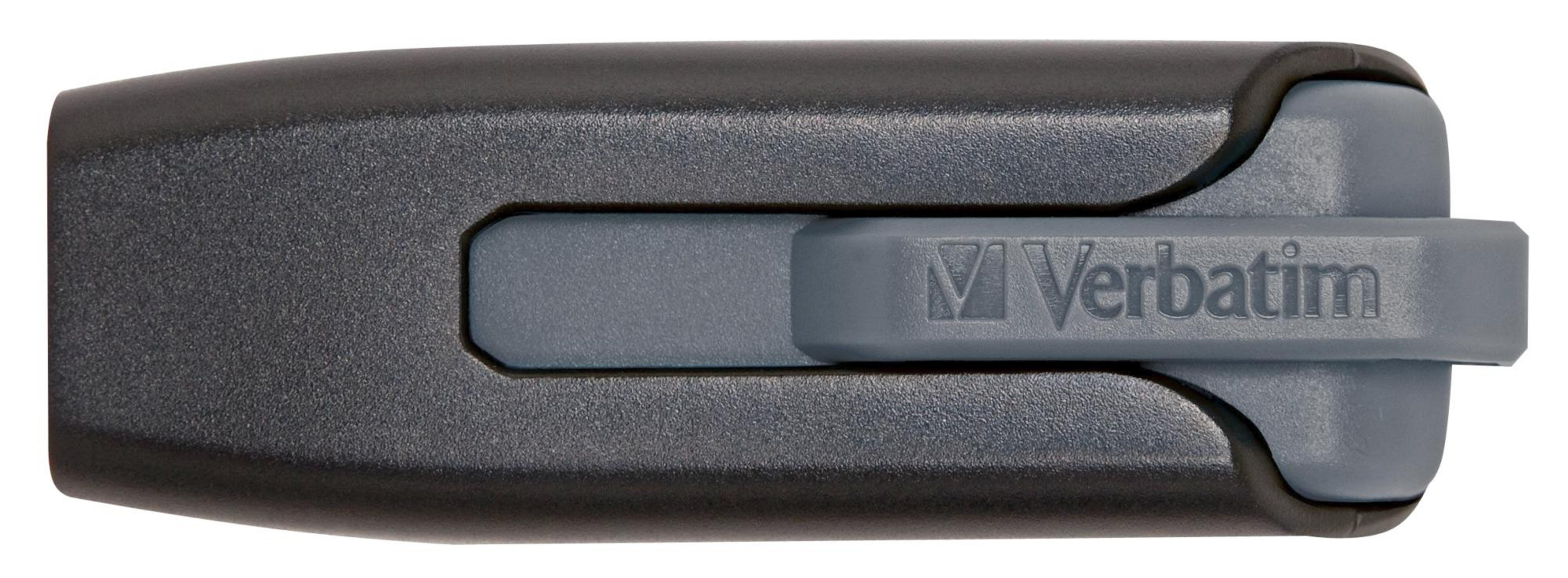 Schwarzer und grauer USB-Stick mit dem Verbatim-Logo.