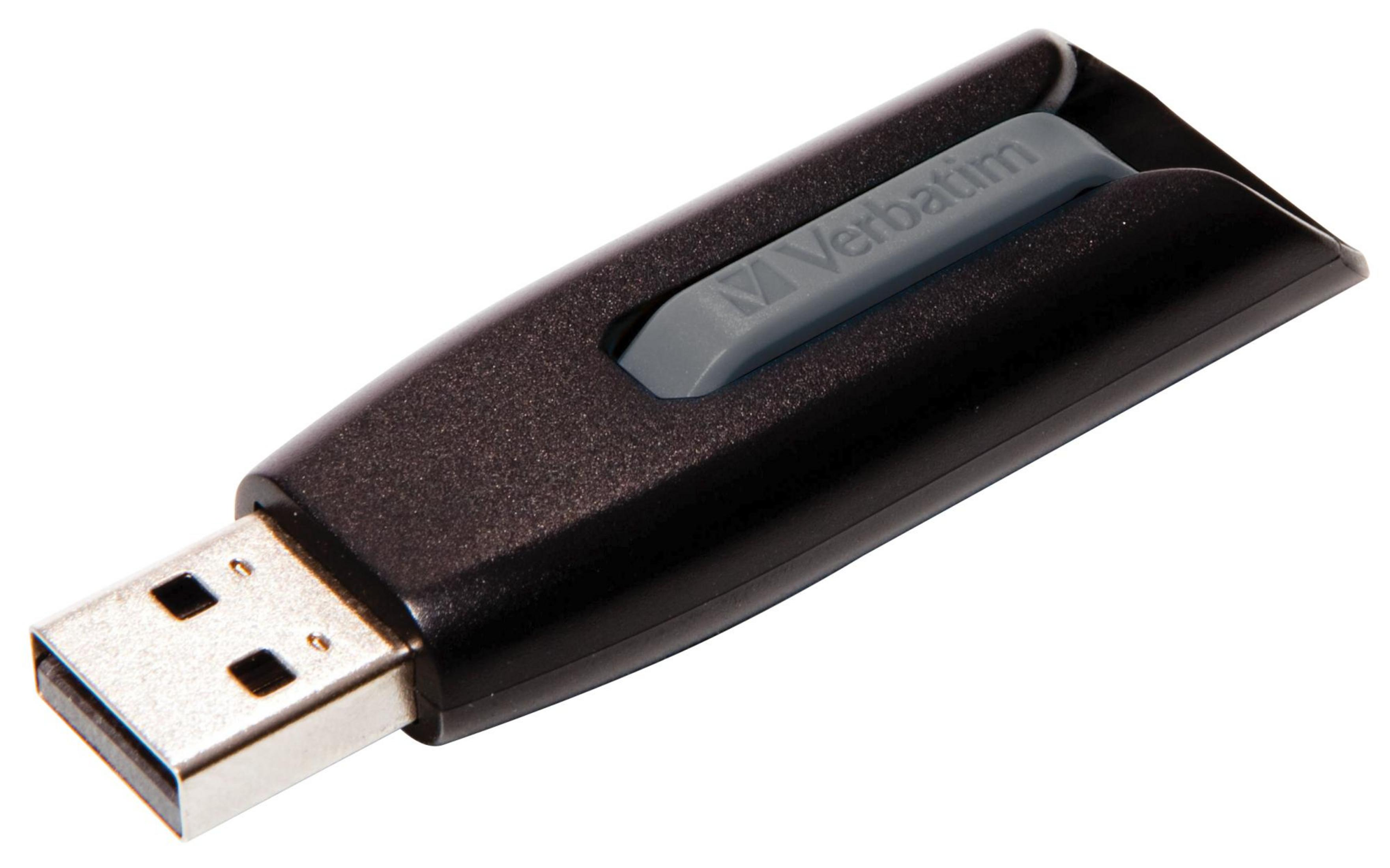 Schwarzer Verbatim USB-Stick auf weißem Hintergrund.
