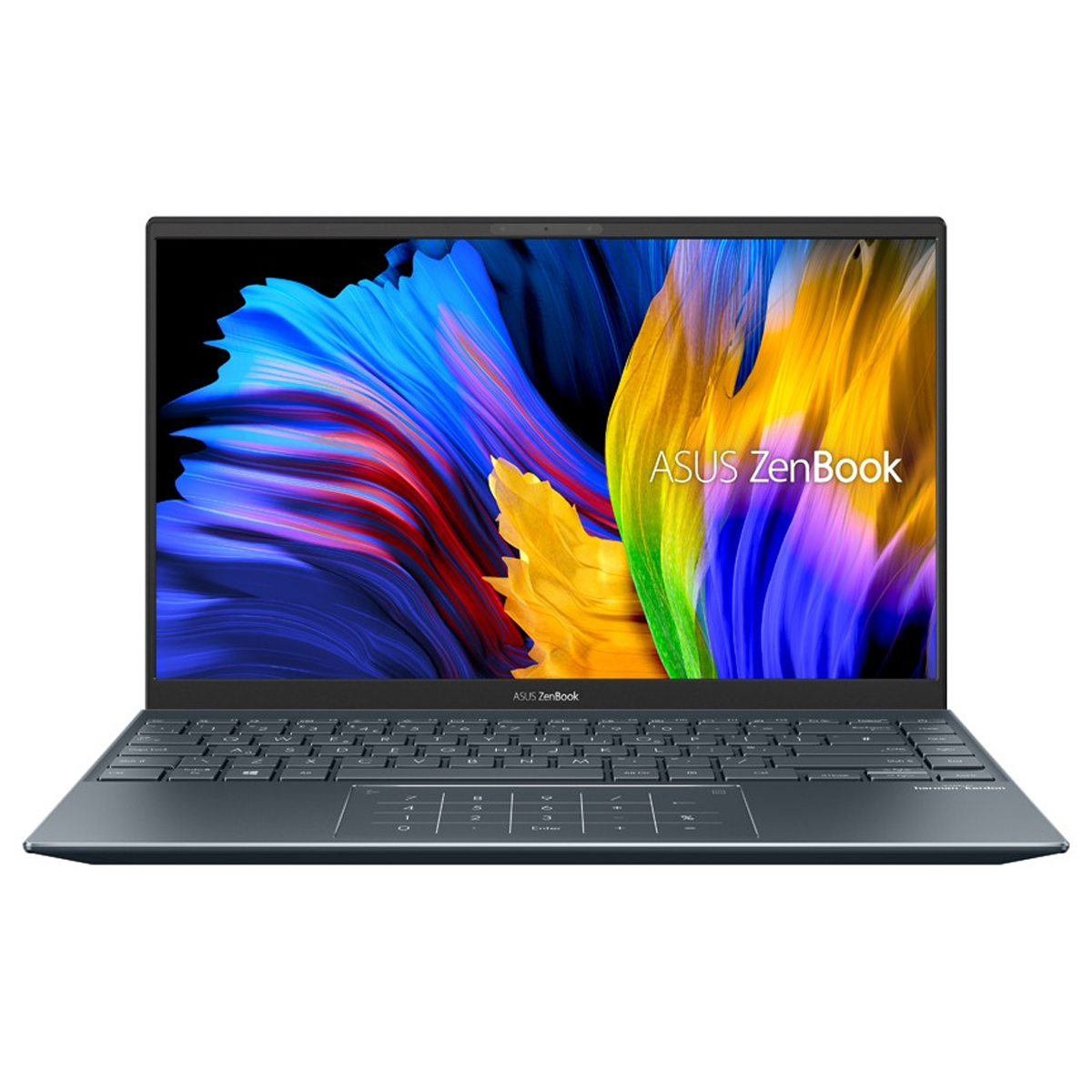 Ein Laptop mit geöffnetem Bildschirm, der eine farbenfrohe Anzeige zeigt. Der Laptop ist dunkelgrau.