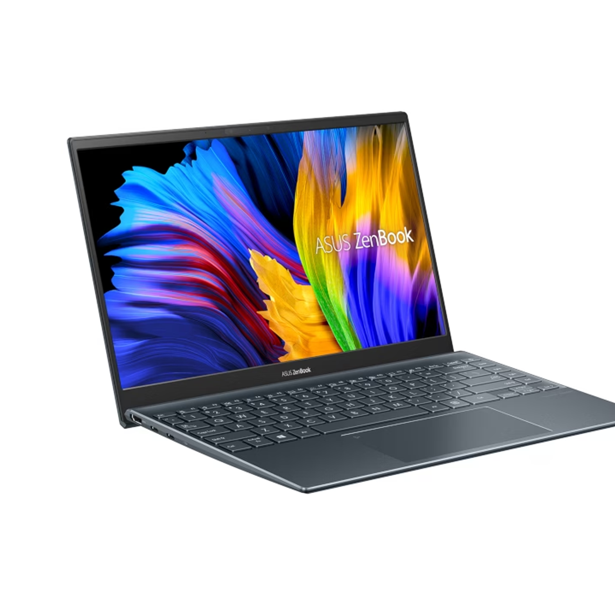 Dunkelgrauer Laptop, weißer Hintergrund. ASUS Zenbook auf dem Bildschirm.
