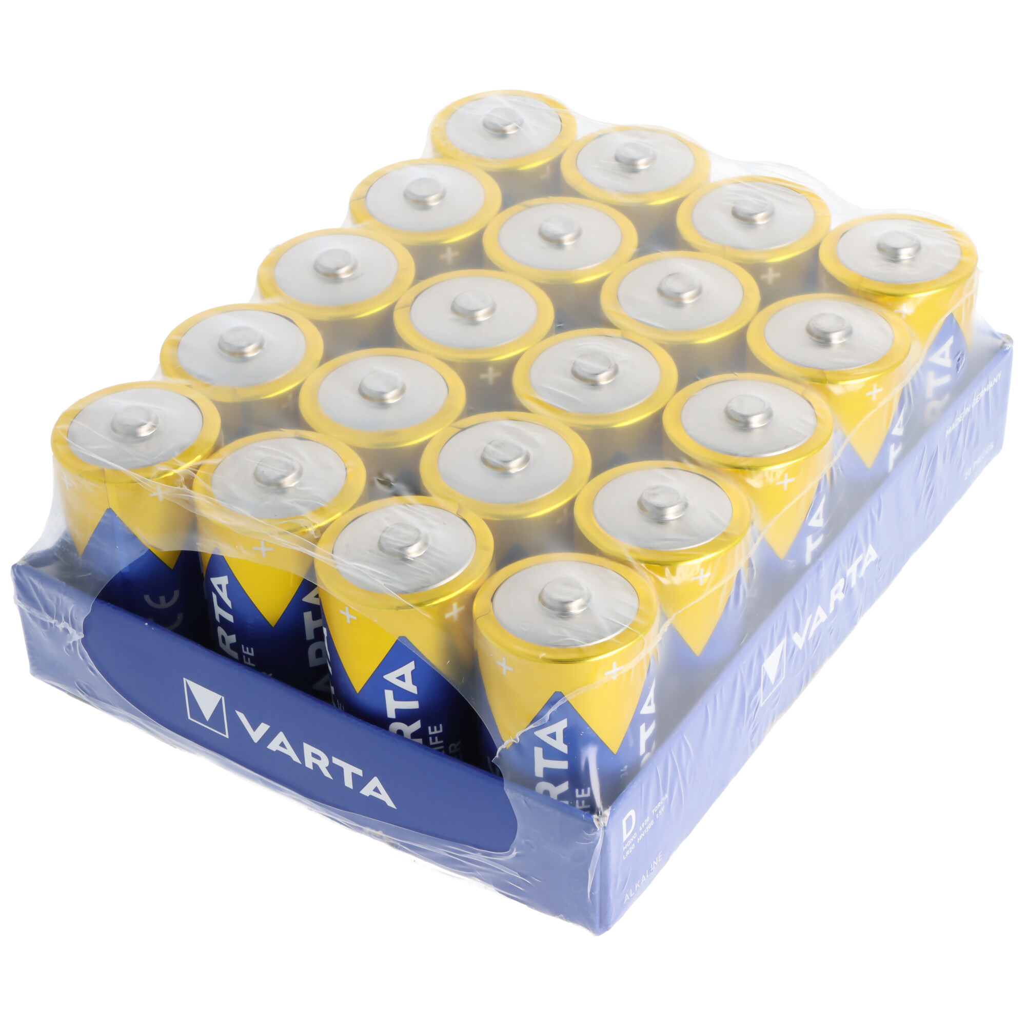Ein Tablett mit gelb-blauen Varta-Batterien in einer durchsichtigen Kunststoffverpackung.