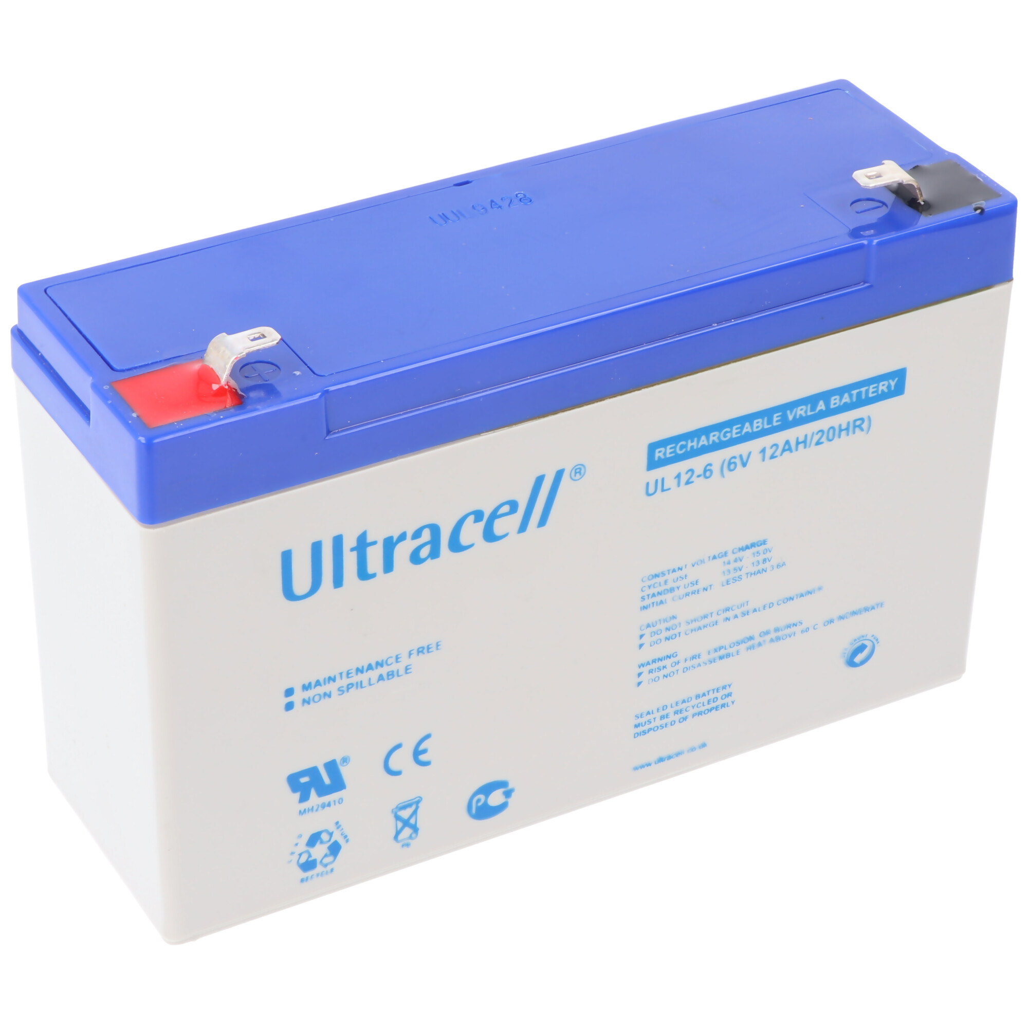 Witte en blauwe rechthoekige batterij met de tekst 'Rechargeable VRLA Battery'.
