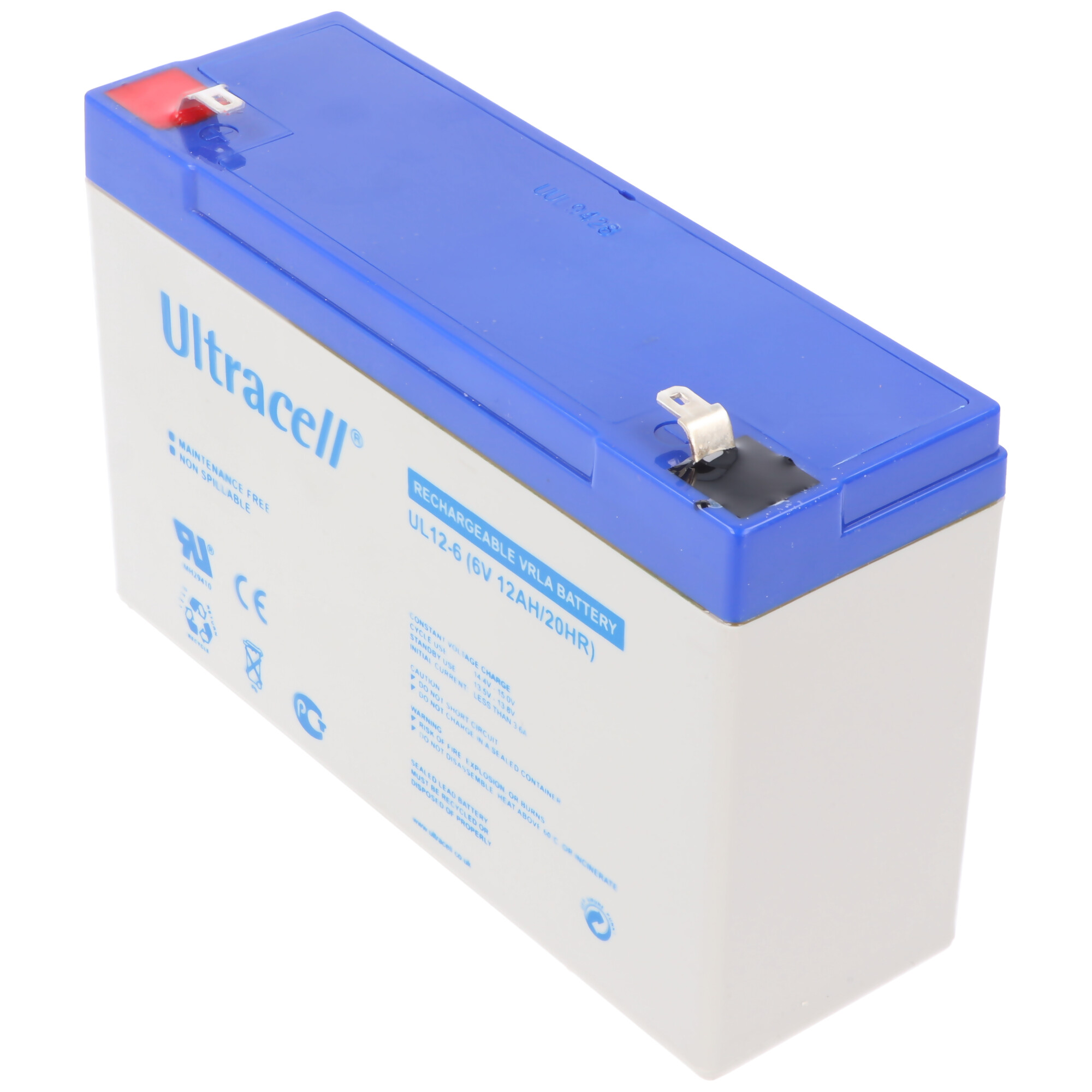 Oplaadbare batterij, blauw en wit, met tekst en waarschuwingen.