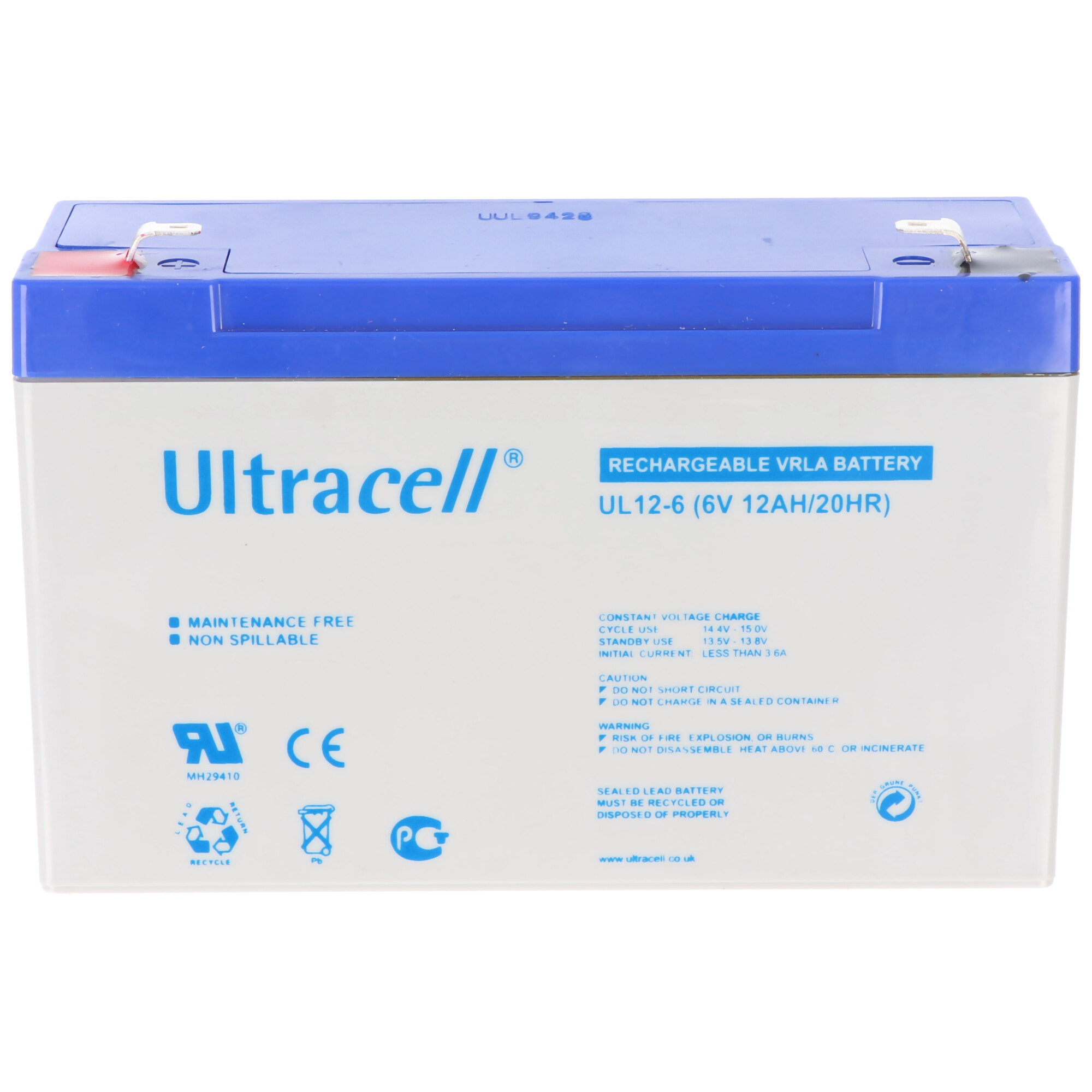 Een oplaadbare batterij met blauwe bovenkant en wit label.