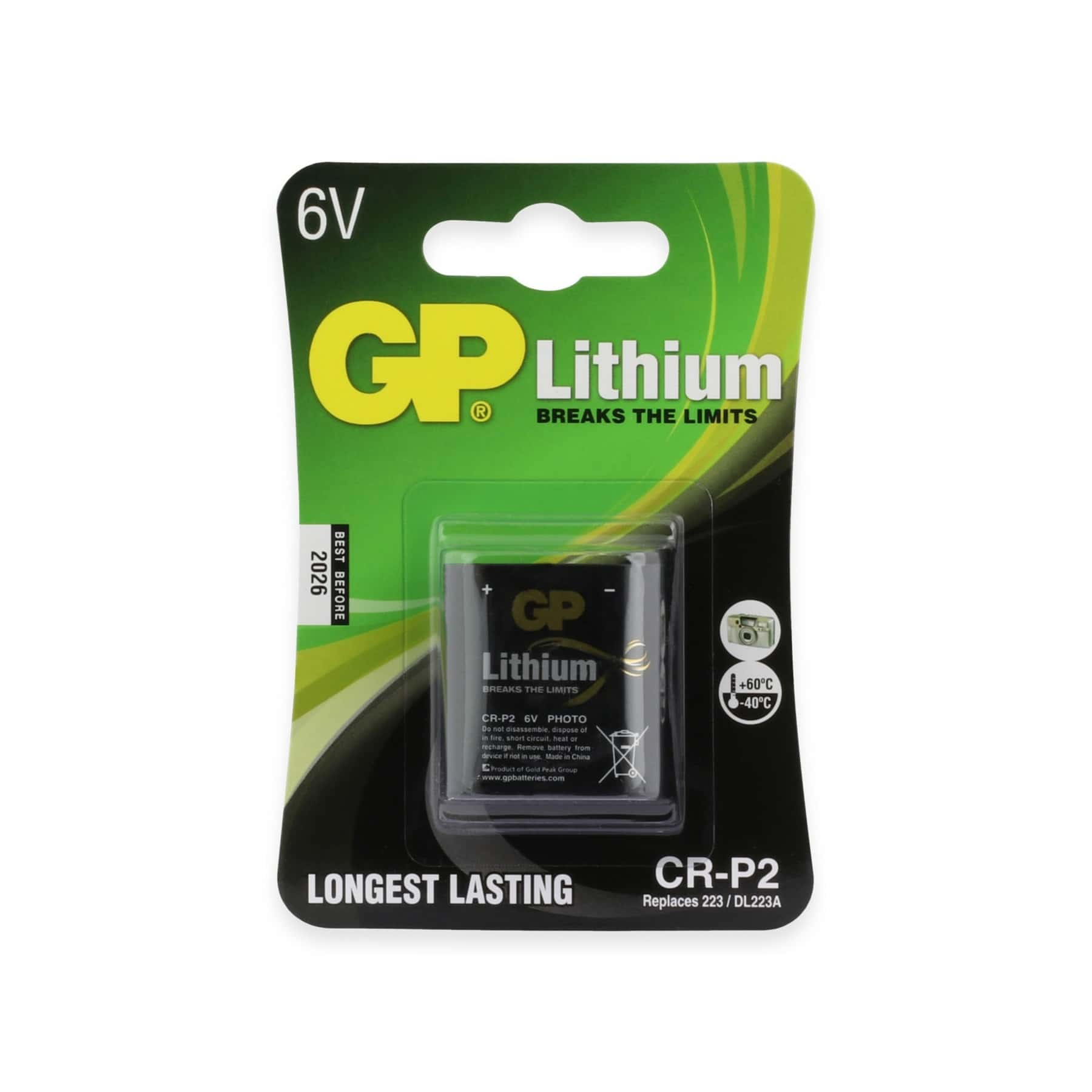 GP Lithium Batteriepack. Grüne und schwarze Verpackung mit Batteriedetails.