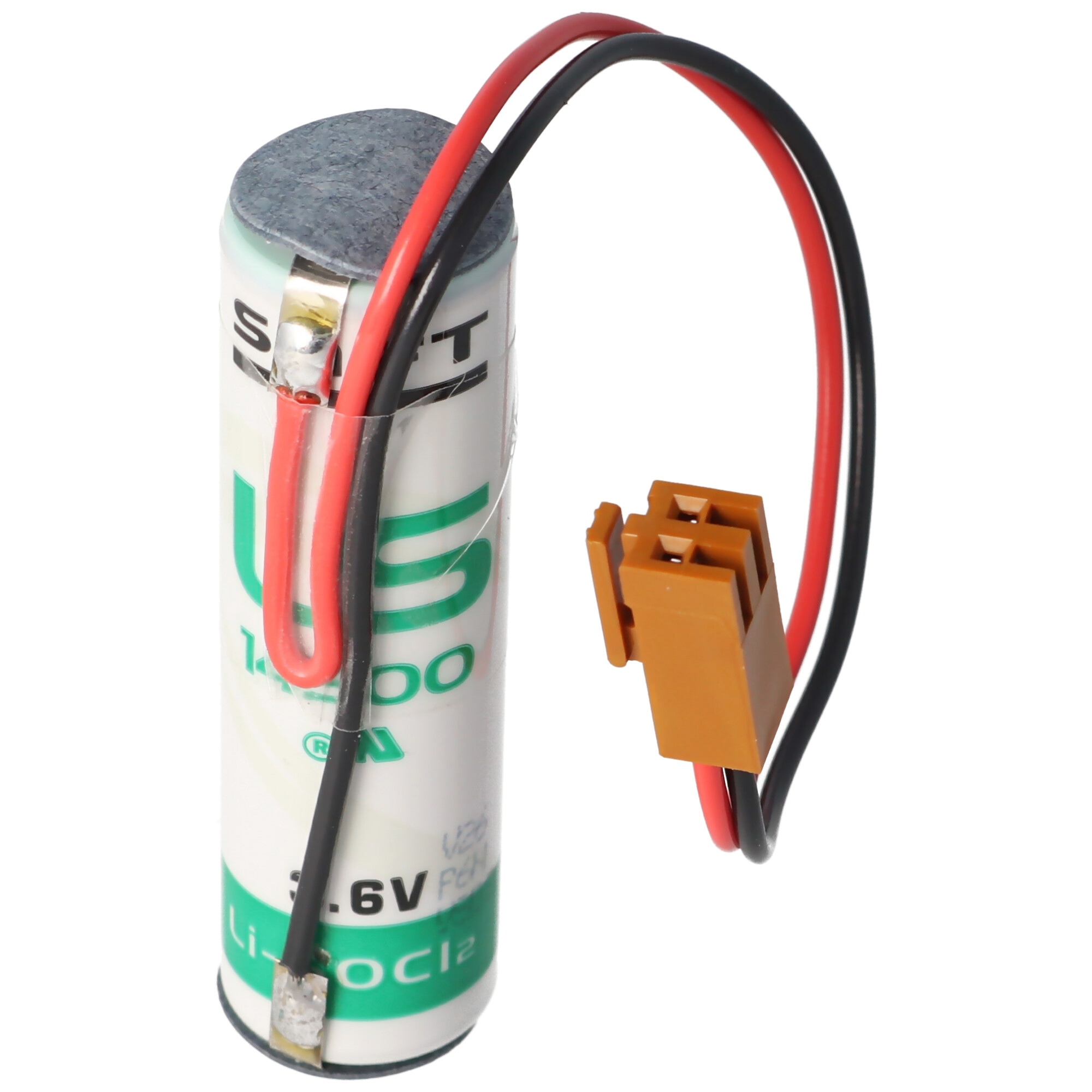 Eine zylindrische Batterie mit roten und schwarzen Drähten und einem braunen Stecker. Text: .6V Li-SOCl2.