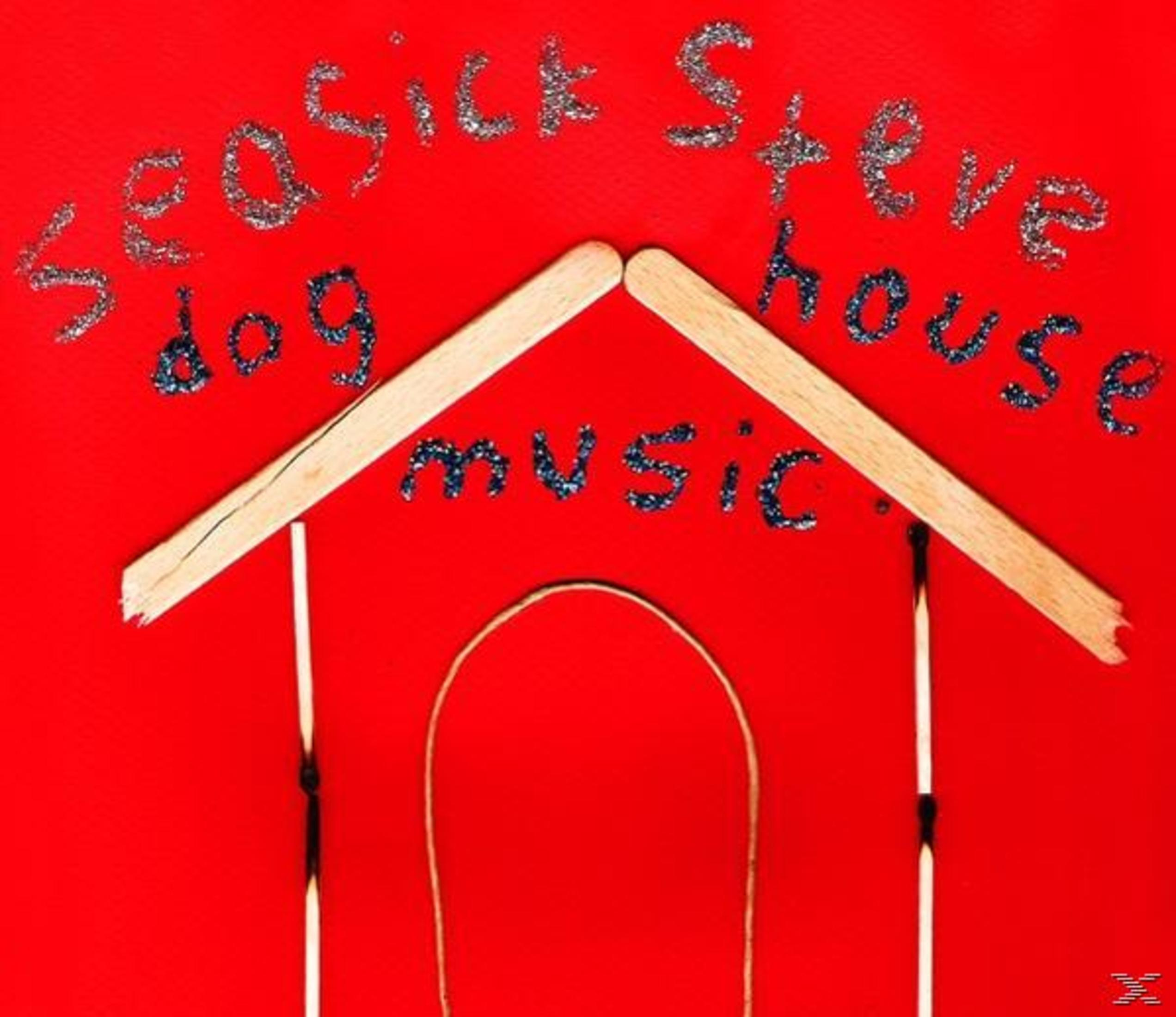 Fond rouge avec une forme de maison faite d'allumettes ; texte : 'Seasick Steve'.