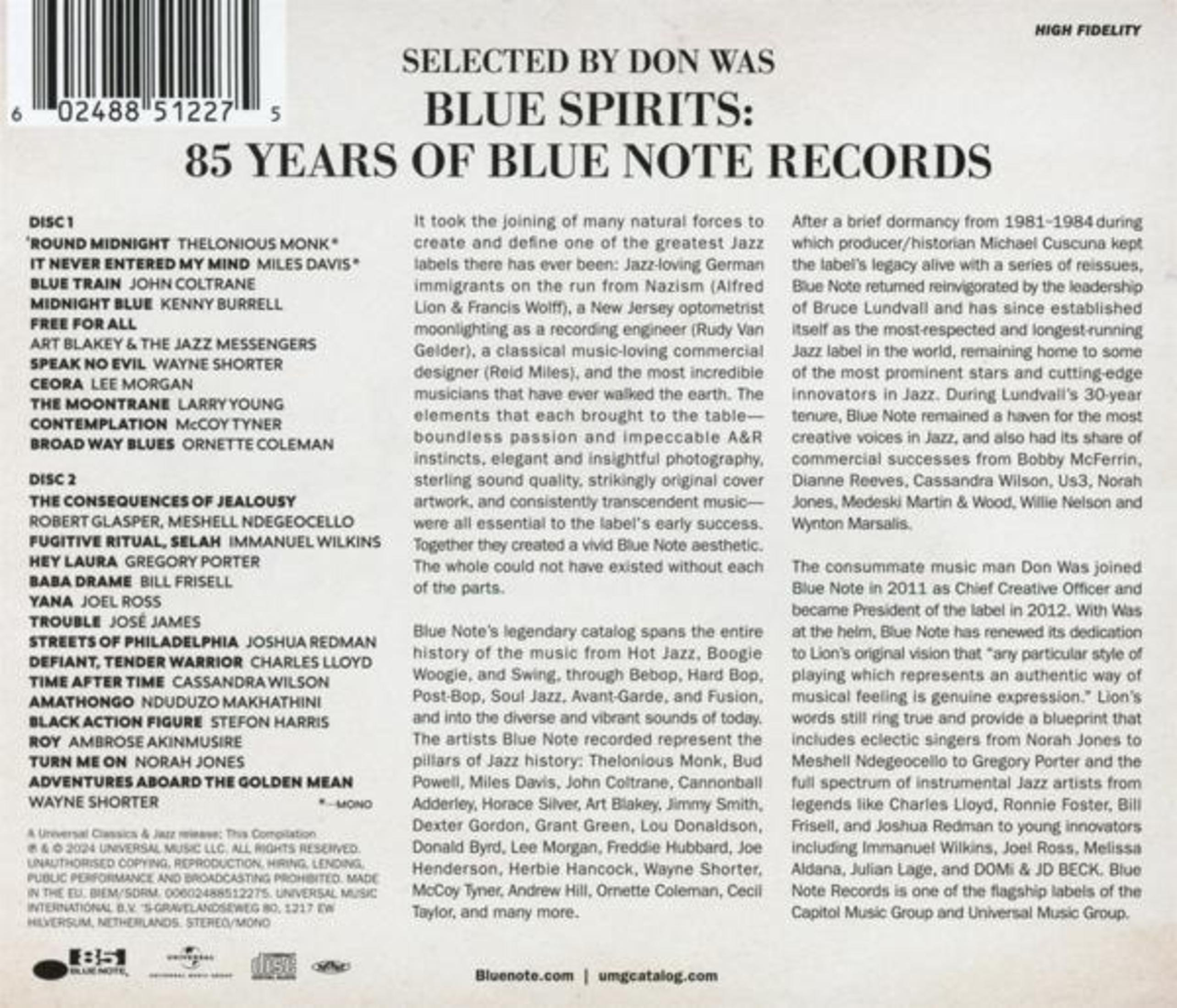 Portada del álbum con texto. Dice 'Blue Spirits' y '85 Years of Blue Note Records'.