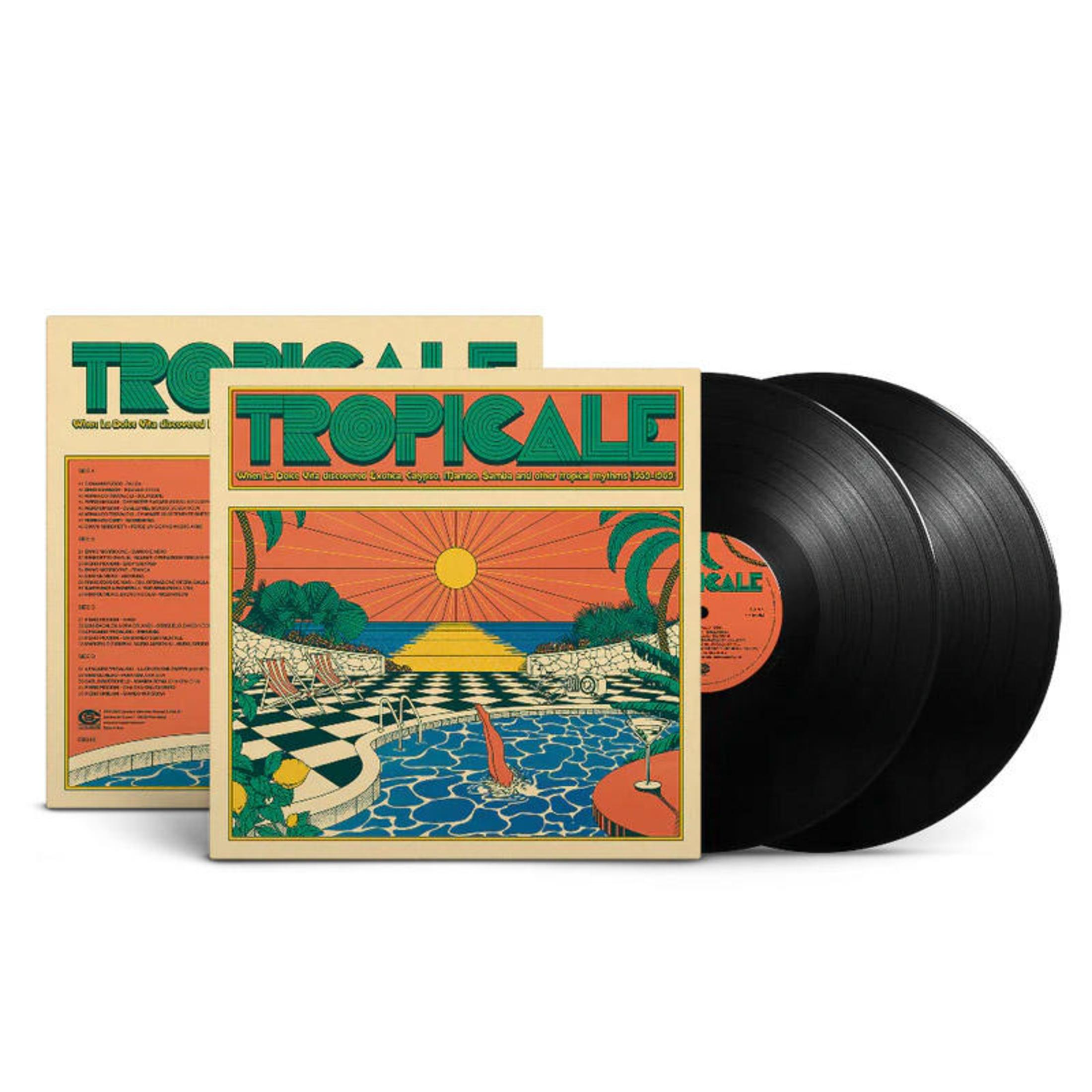 Copertina dell'album con piscina, palme e tramonto. Due dischi in vinile a destra.