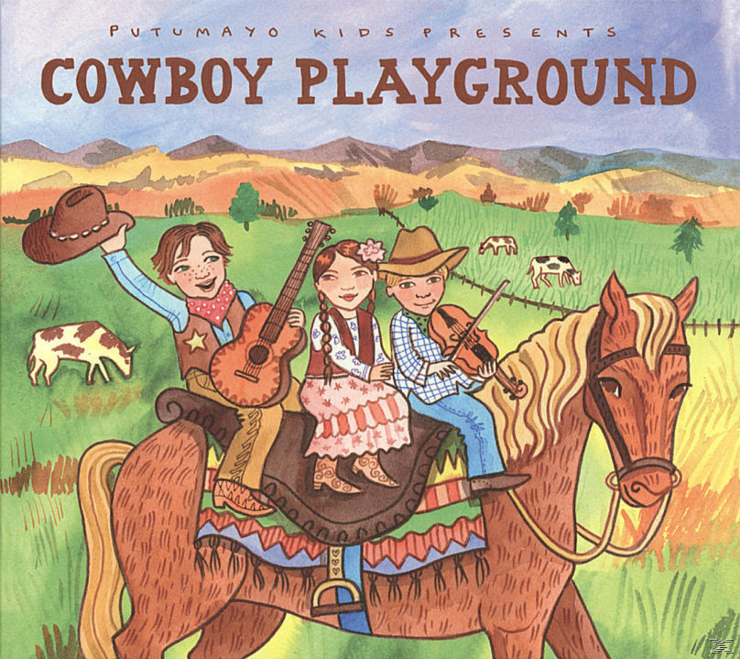 Cowboy Playground albumhoes, kinderen op paard spelen instrumenten.