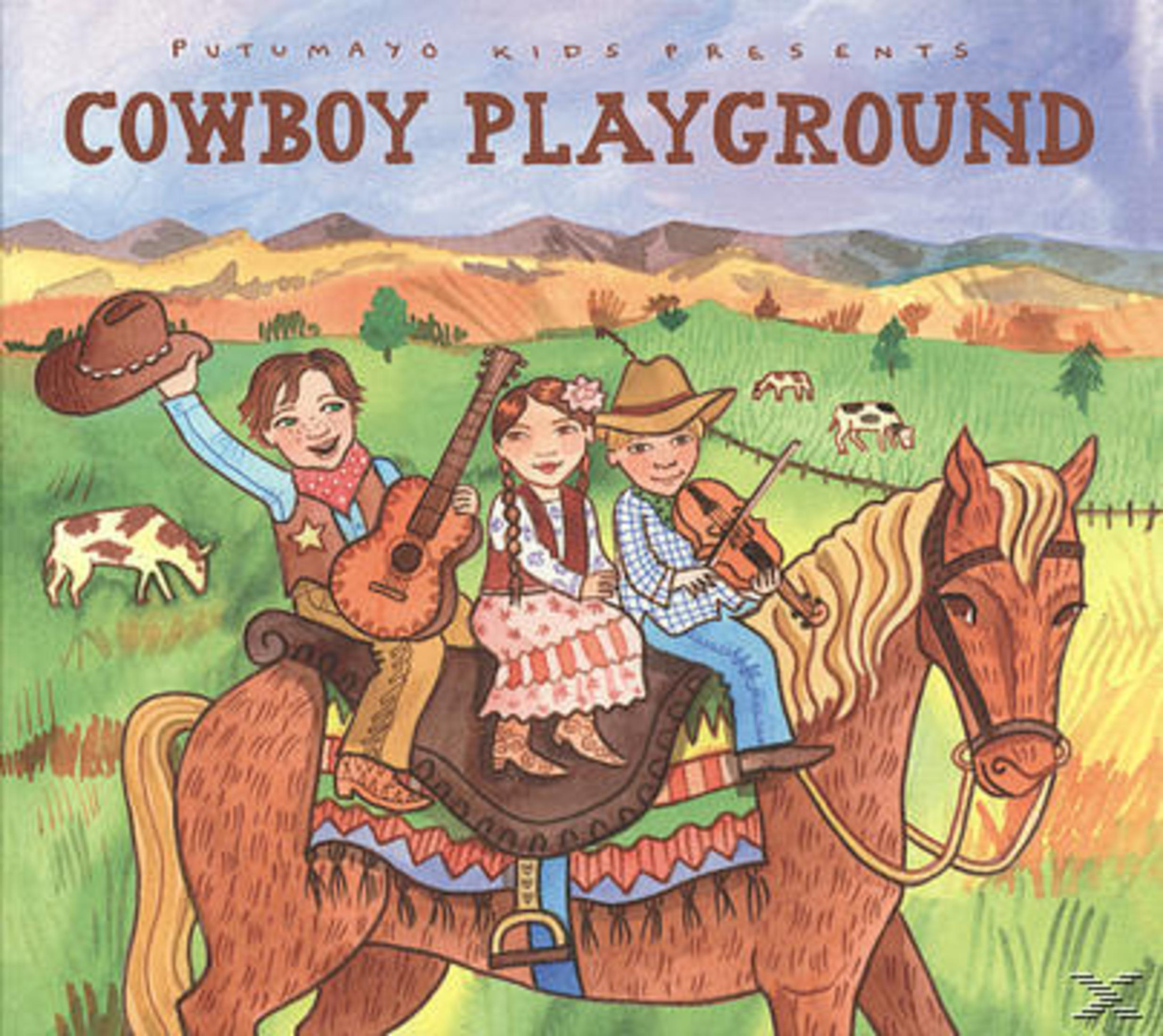 Illustratie van kinderen die paardrijden, cowboythema, tekst erboven: COWBOY PLAYGROUND.