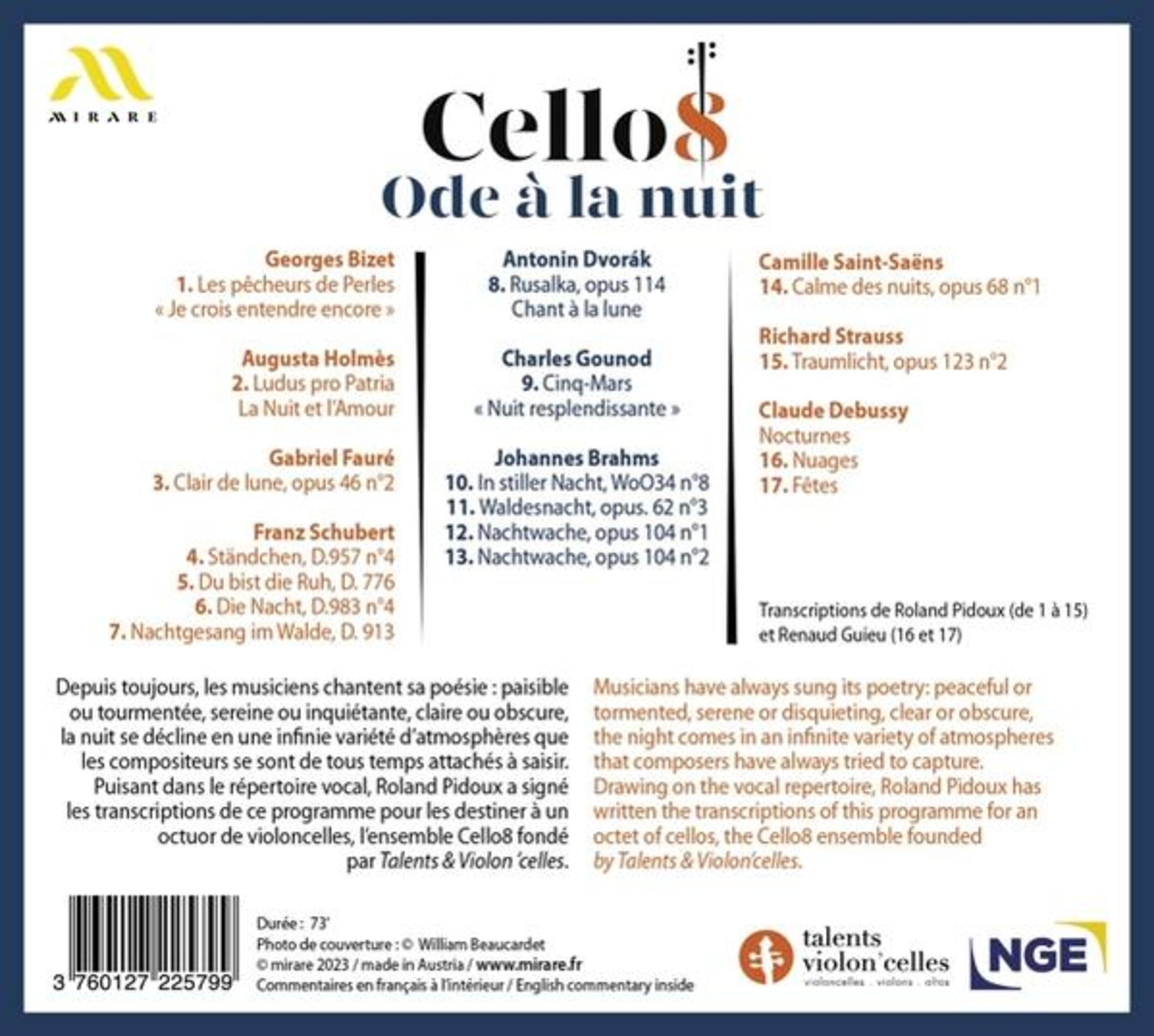 Copertina CD con testo e note musicali. Titolo: Cellos Ode a la nuit.