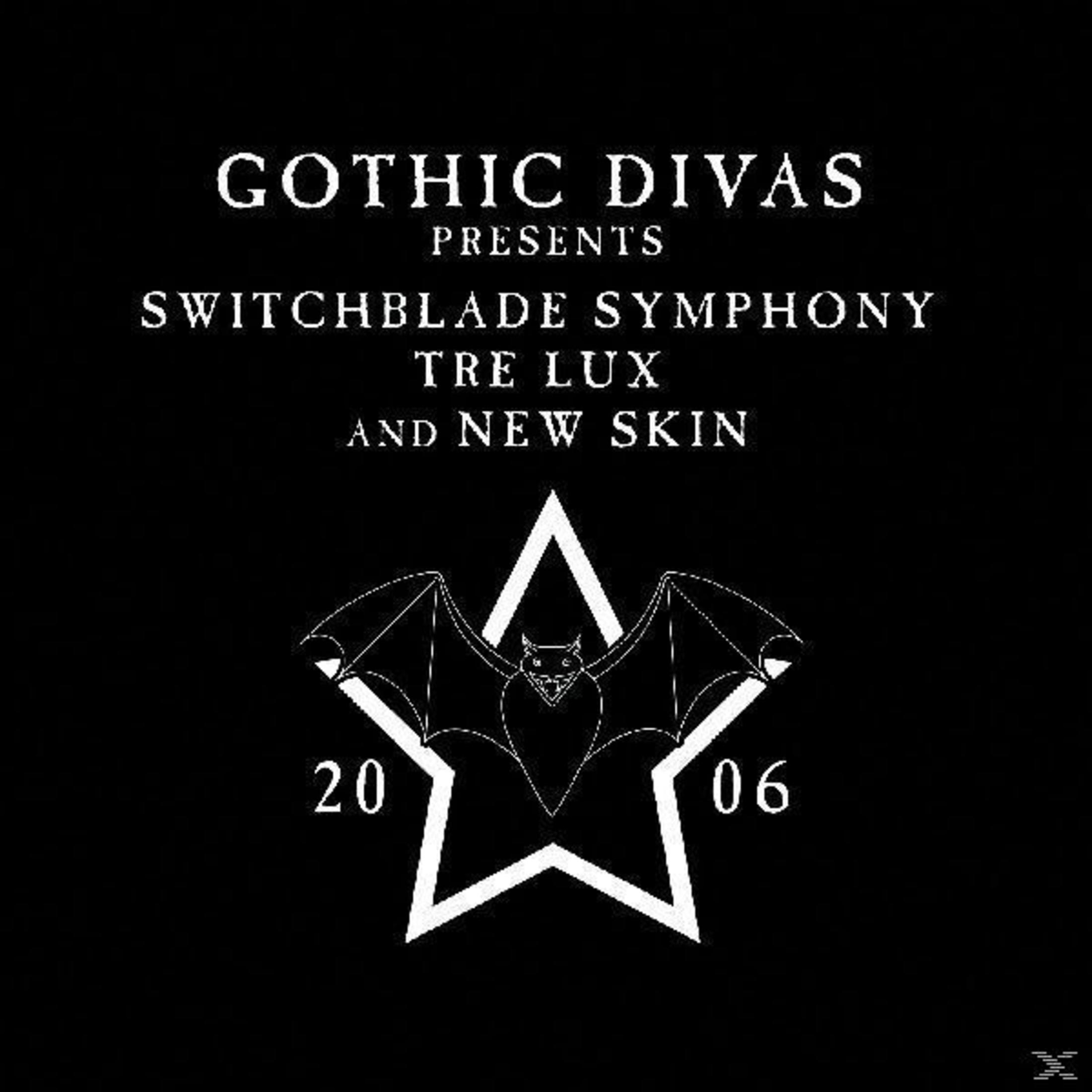 Pochette d'album noire avec un logo en forme de chauve-souris et le texte : Gothic Divas présente Switchblade Symphony.