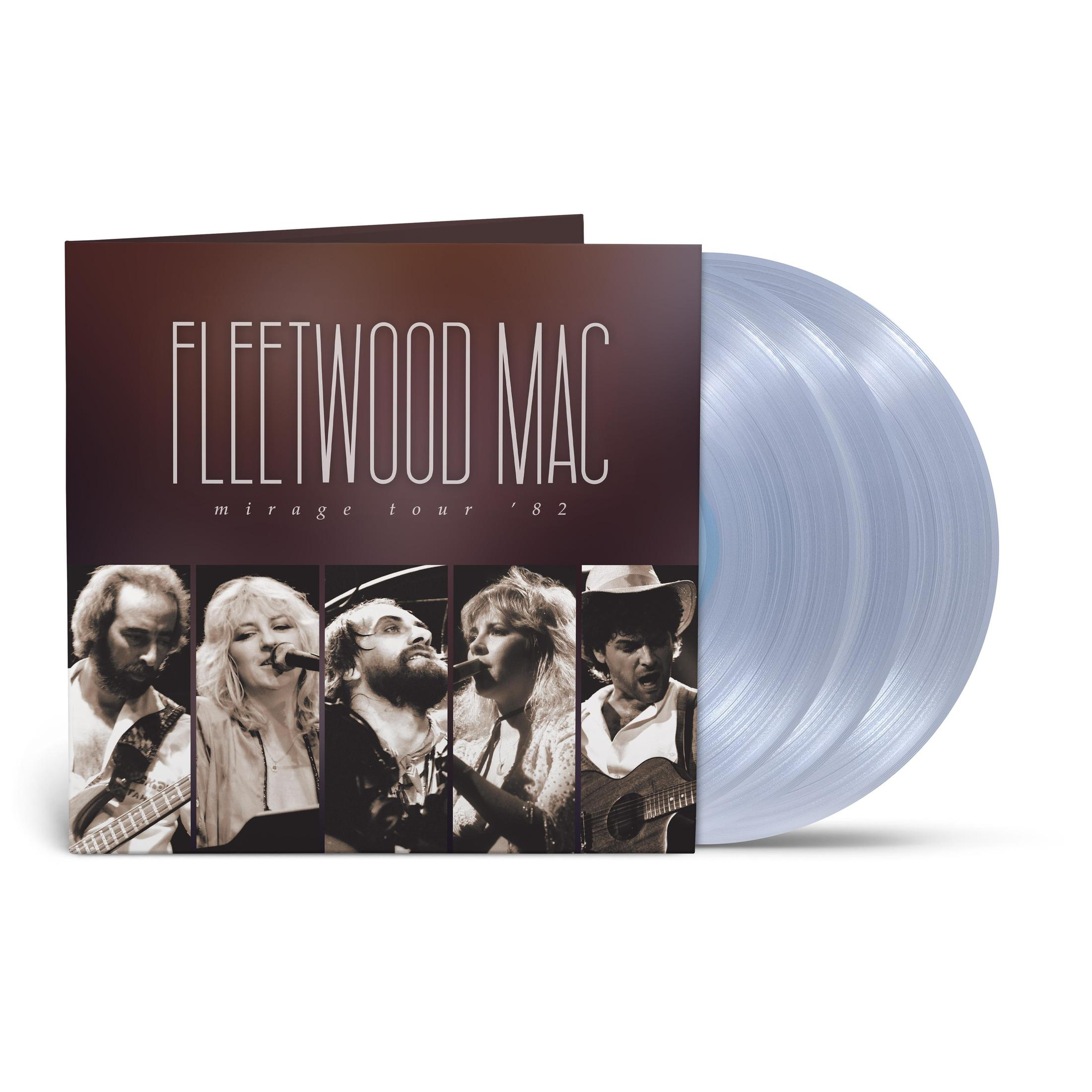 Fleetwood Mac Album, 'Mirage Tour '82'. Bandmitglieder in Sepiatönen. Zwei durchscheinende Vinylplatten.